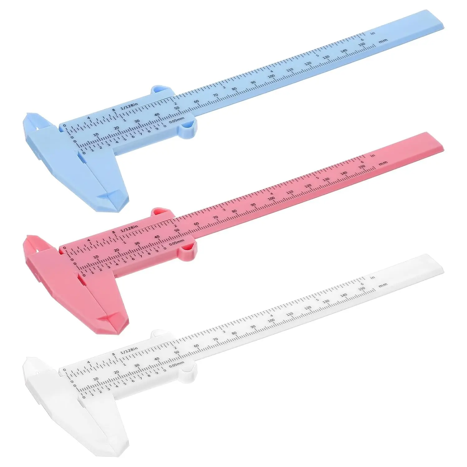 Women's Eyebrow Measuring Tool Set, 3-Piece Plastic Vernier Calipers (6 in/150mm, Inch-Metric Dual Scale) for Office & Workspace Use, White/Blue/Pink, Office House