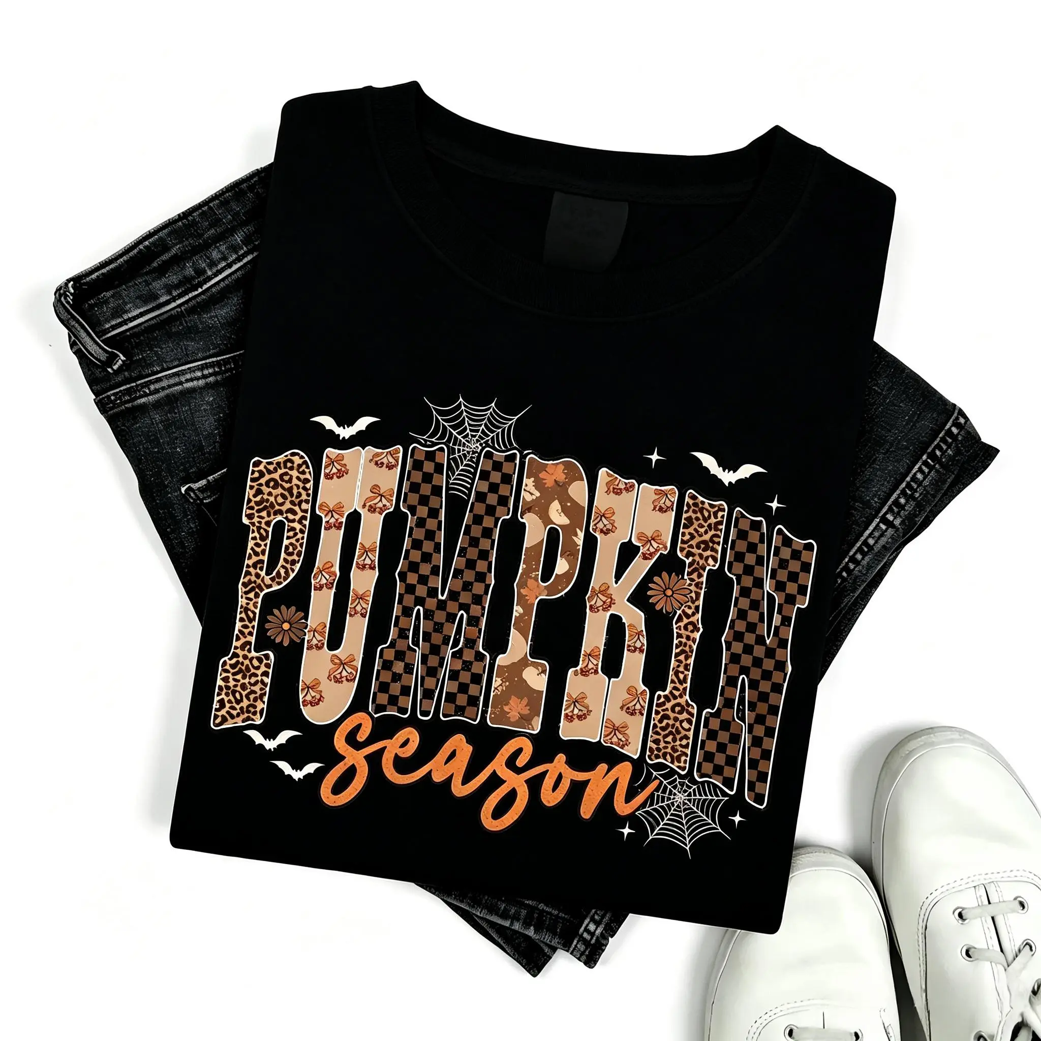 Women's Pumpkin Season Graphic T-Shirt, Casual Loose Fit Shortsleeve Streetwear Top in a Soft Cotton Blend, Women's Clothes, Baggy, Digital Print, All Over Print, Round Neck, Easy Care, Graphical Print