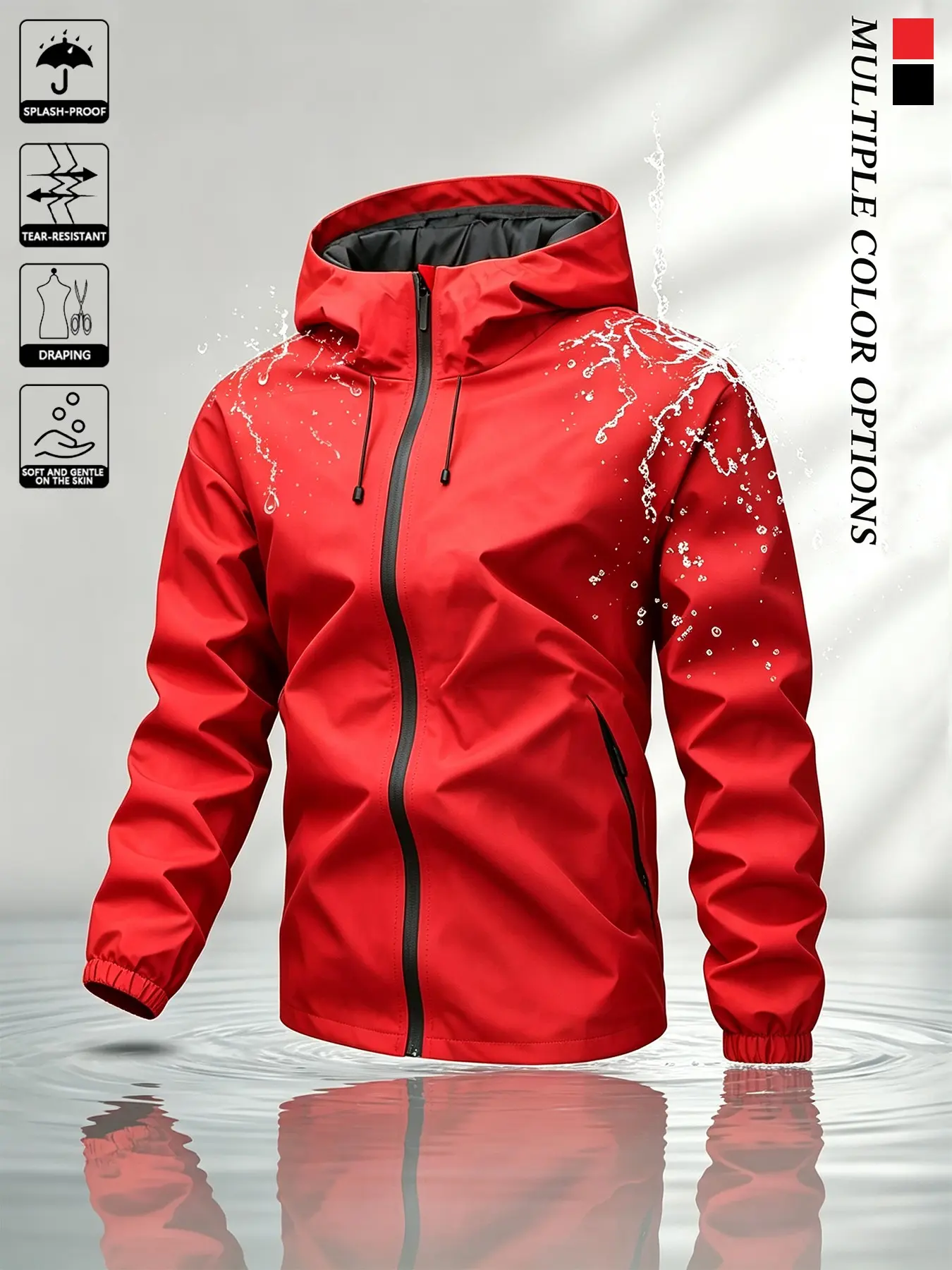 Unisex Solid‑Color rainy season Waterproof Windproof Drawstring Zip‑Up Hooded Jacket, Casual Long‑Sleeve Coat With Zipper Pockets, Tear‑Resistant Outdoor Hiking Windbreaker, Ideal For Camping Commuting Travel All‑Season Couple Outfits