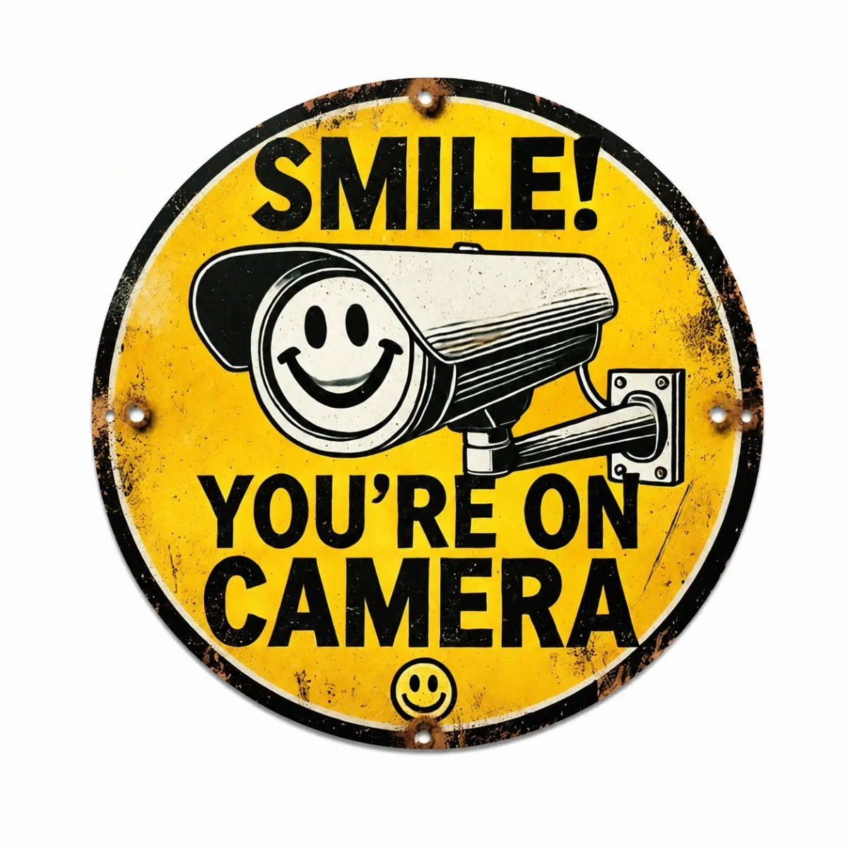 Smile You’re On Camera Sign, Retro Round Surveillance Wall Decor, Funny Security Camera Warning Plaque for Home Office Garage Garden Porch Outdoor Decoration 8x8 Inch