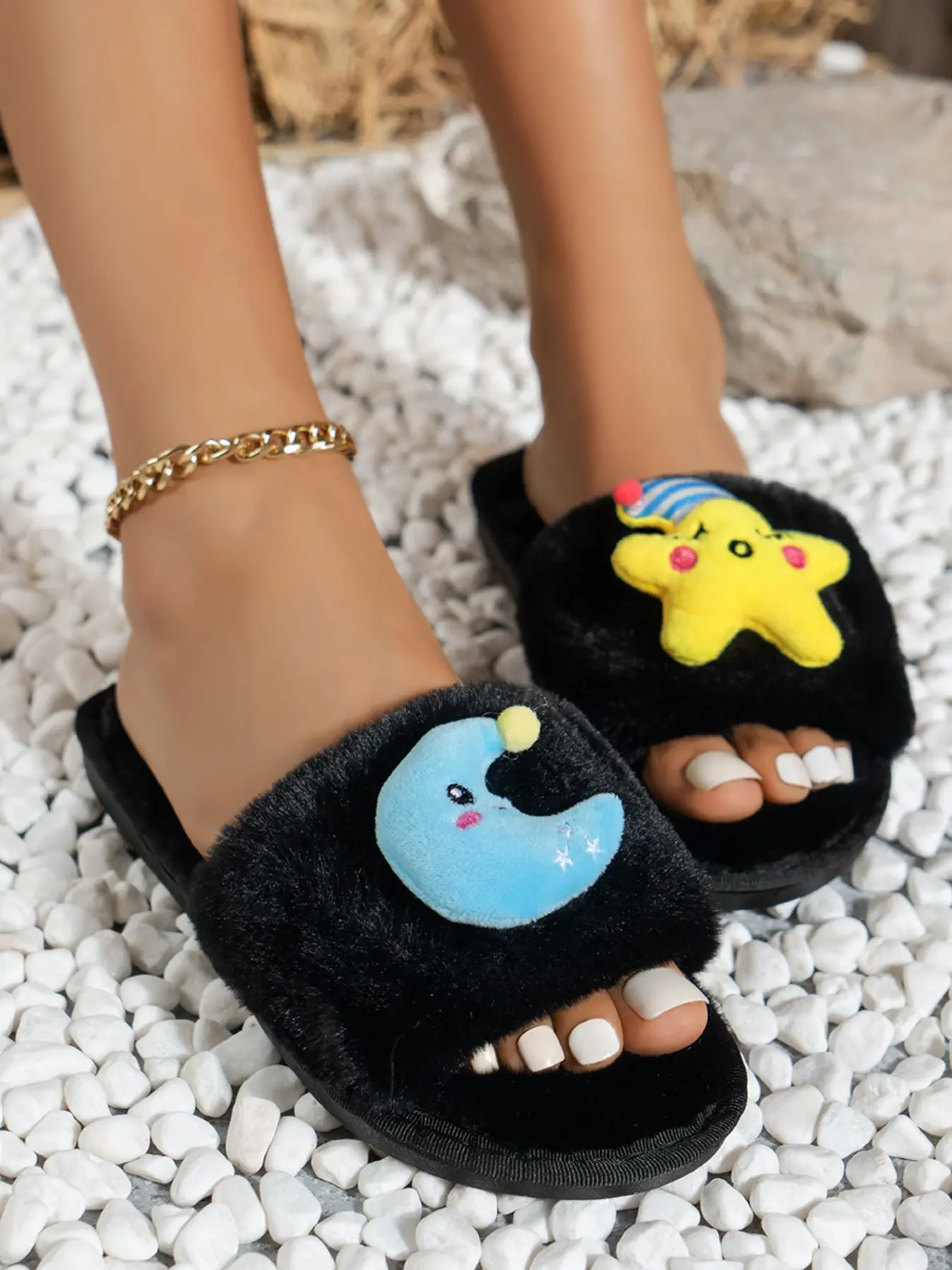 Star Moon Fuzzy Slippers, Asymmetric Cartoon Sandals, Open-Toe Plush Flip Flops, Fun Creative Home Shoes, Casual All-Season Footwear