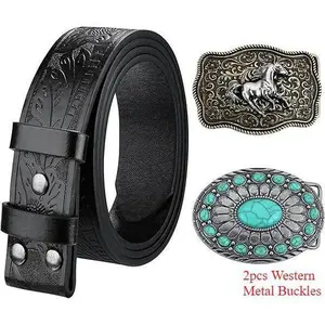 【WeeklyDeals】Fashion Blank Cowboy Belt Strap, Two-Tone Black & Brown Scroll Carved PU Leather Belt With 2pcs Western Metal Buckles For Men Women