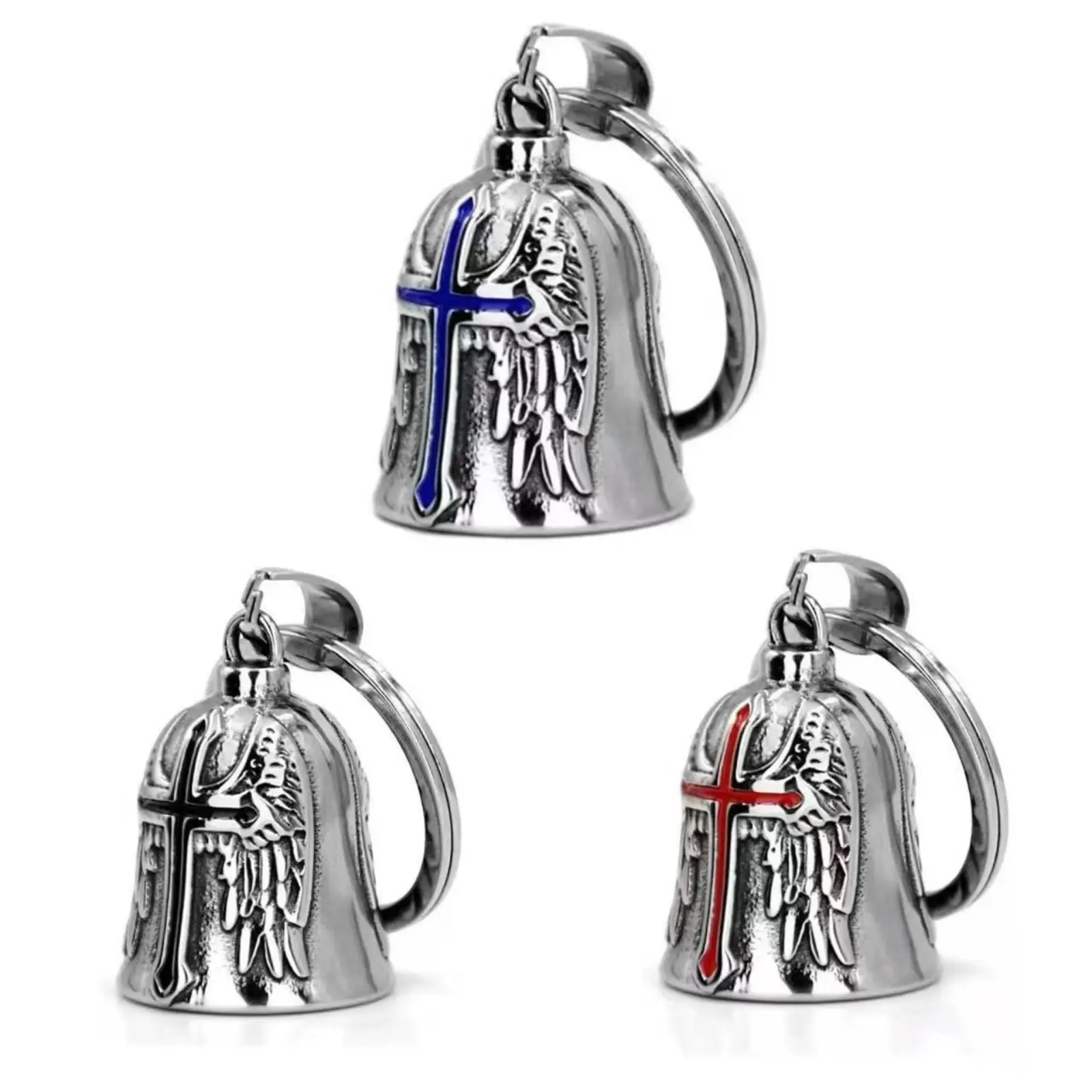 3Pcs Motorcycle Guardian Bell Keychain Stainless Steel Angel Wings Cross Ride Bell Set Lucky Protection Biker Jewelry Gift Pack for Motorcyclists