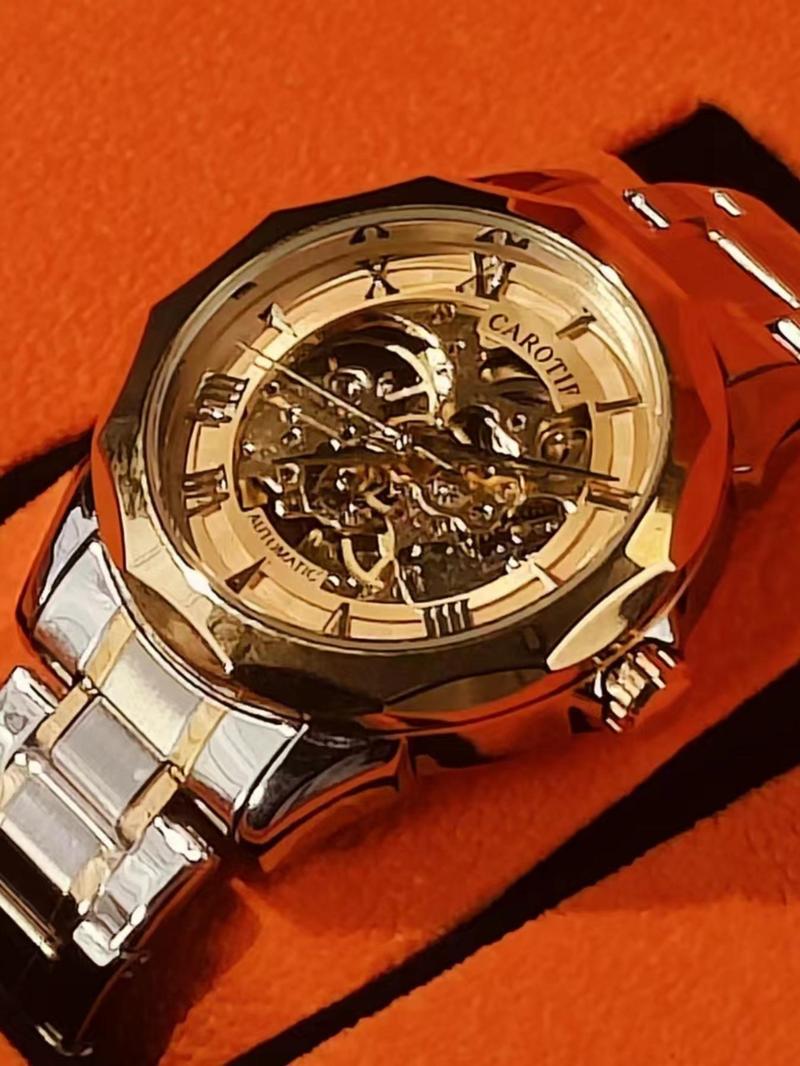 Men's Business Fashion Round Dial Stainless Steel Strap Analog Mechanical Watch, Skeleton Wrist Watch for Party, Daily Clothing Decor, for Birthday Gift with Box, Skeleton Watches