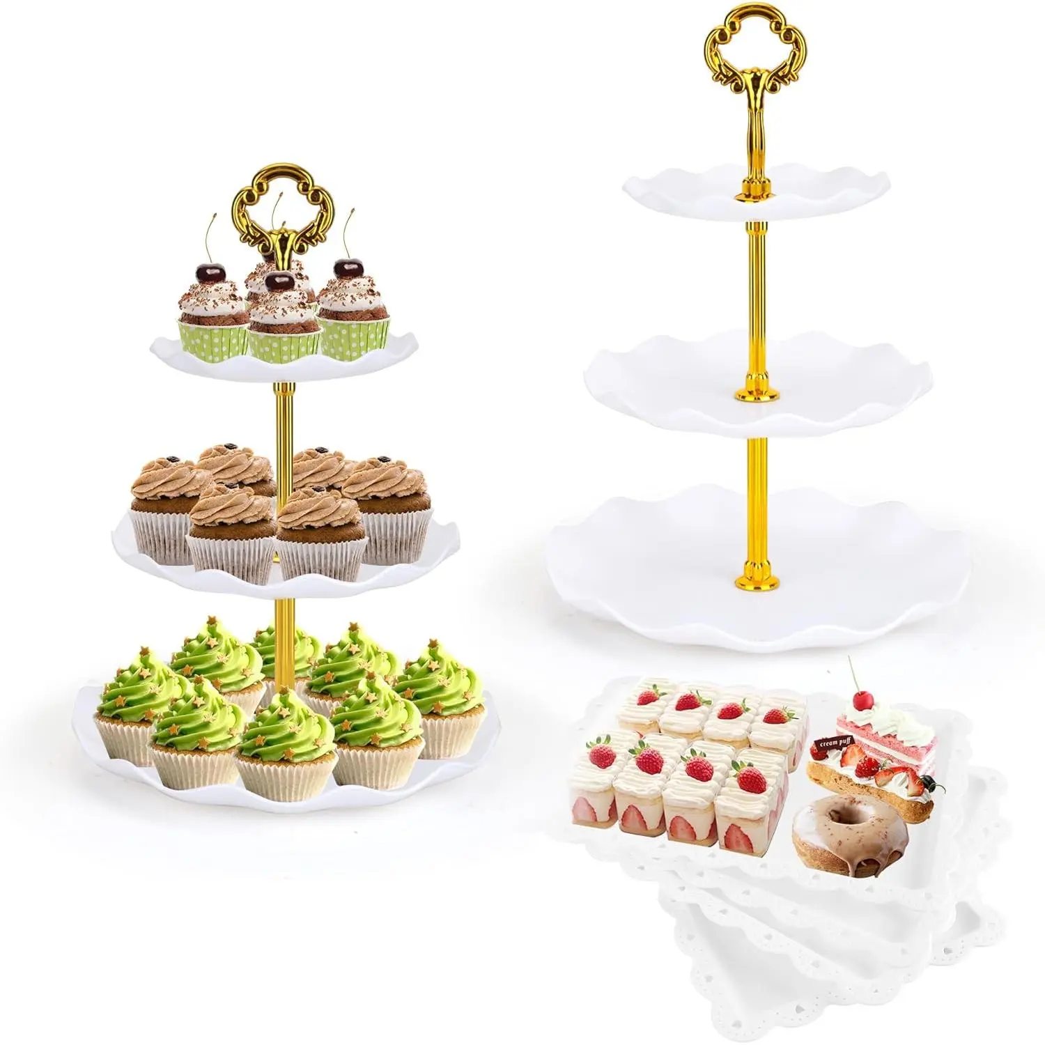 6 count Cupcake Stand Dessert Table Display Set 2 count 3 Tier Plastic Cake Stand Holder 4 count Dessert Serving Tray Cookie Platter Rack Tower for  Party Wedding  Shower (Round White;  rods)