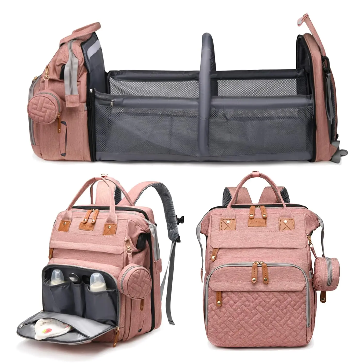 Unisex Baby Diaper Backpack with Built-in Changing Station, Waterproof Large Capacity Bag for Parents, USB Charging Port, Stroller Straps, Pink Baby Shower Gift