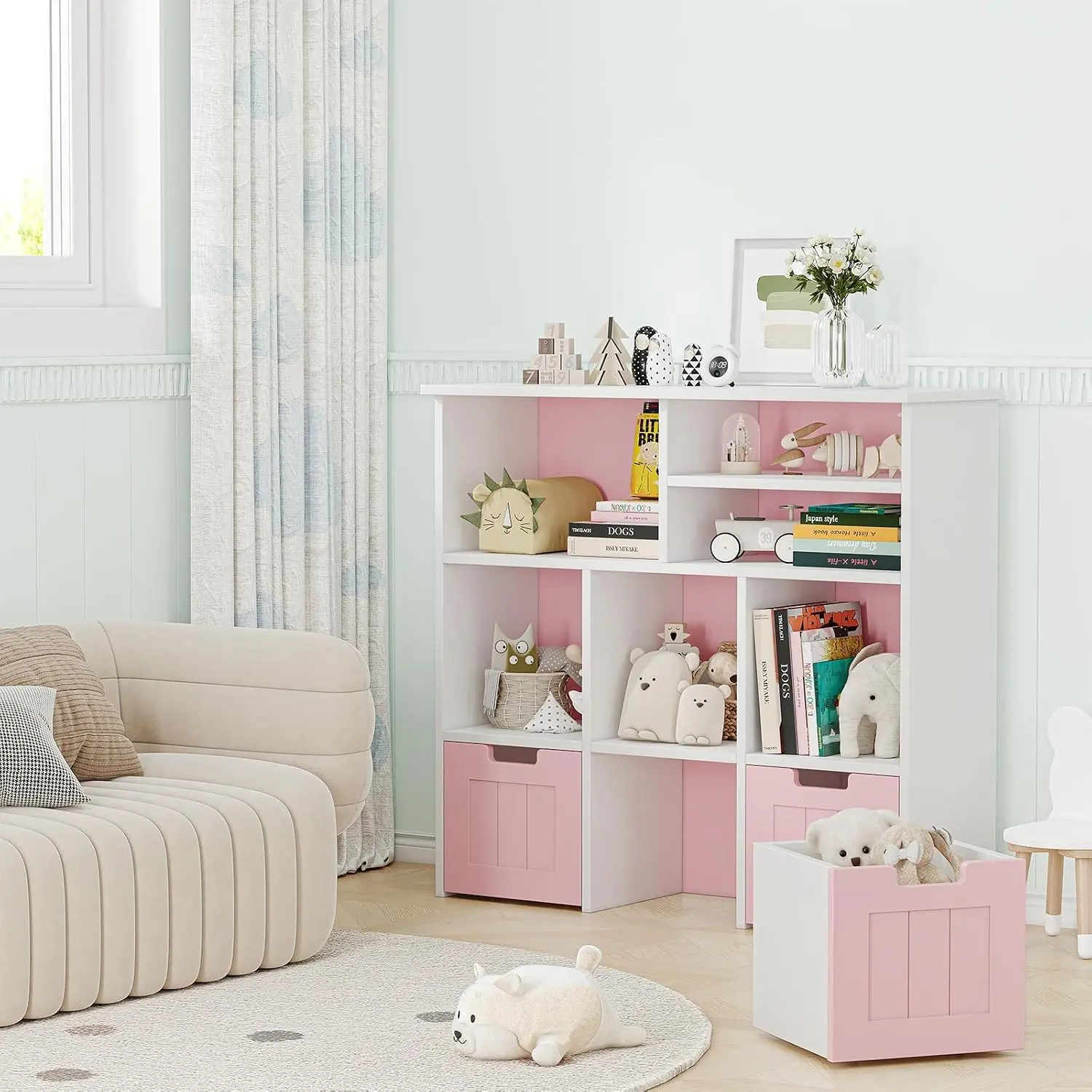 Garvee Modern Kids Bookshelf and Toy Storage Cabinet – 3 Movable Drawers – 6 Cubbies – Hidden Wheels for Easy Mobility – Organizer for Bedroom, Playroom, Nursery – Pink and White