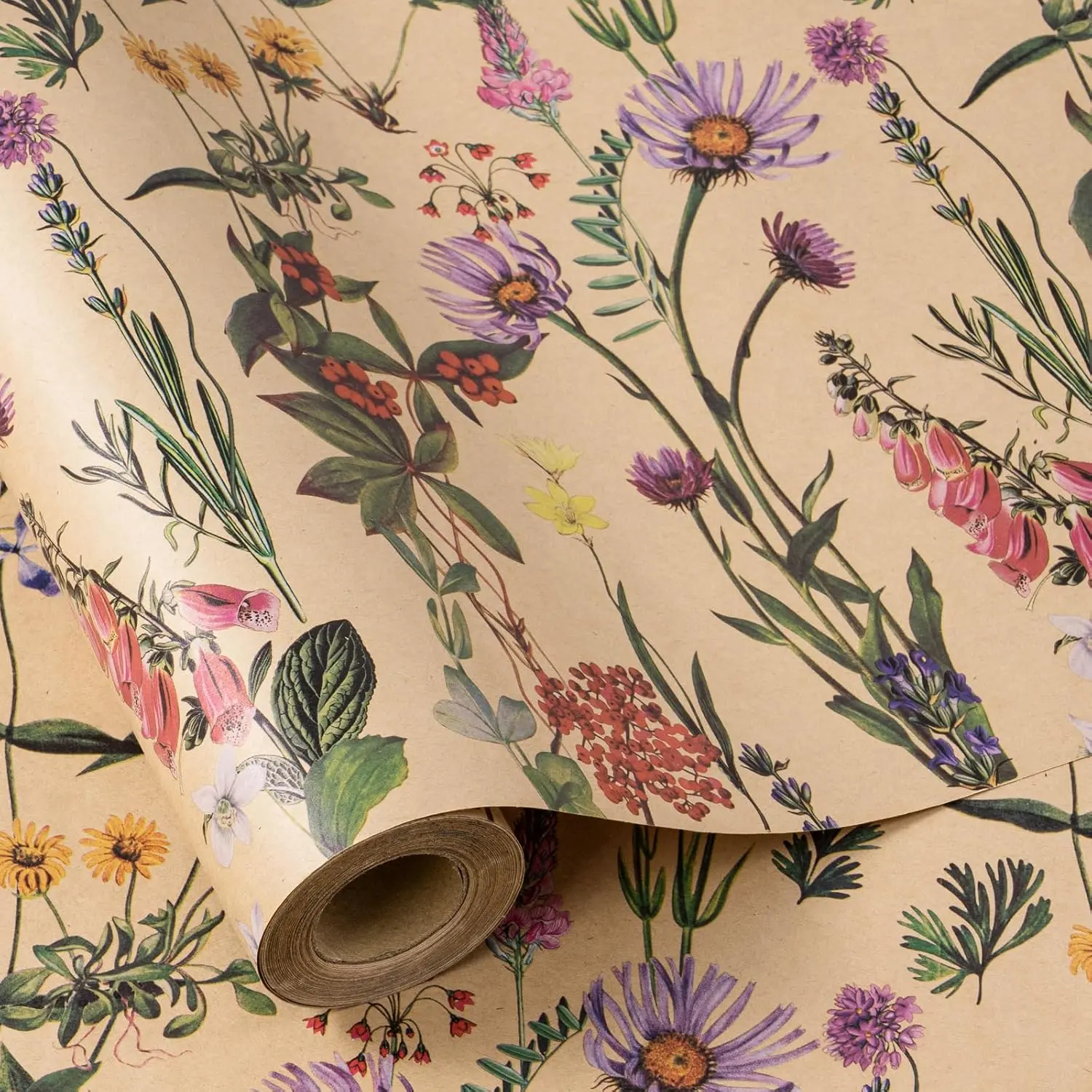 Wildflower Floral Wrapping Paper Roll for Women, 17 Inches x 16.4 Feet, Mini Roll, Herbal Kraft Wrapping Paper for Christian Gifts, Birthdays, Weddings, Bridal Shower and Engagement