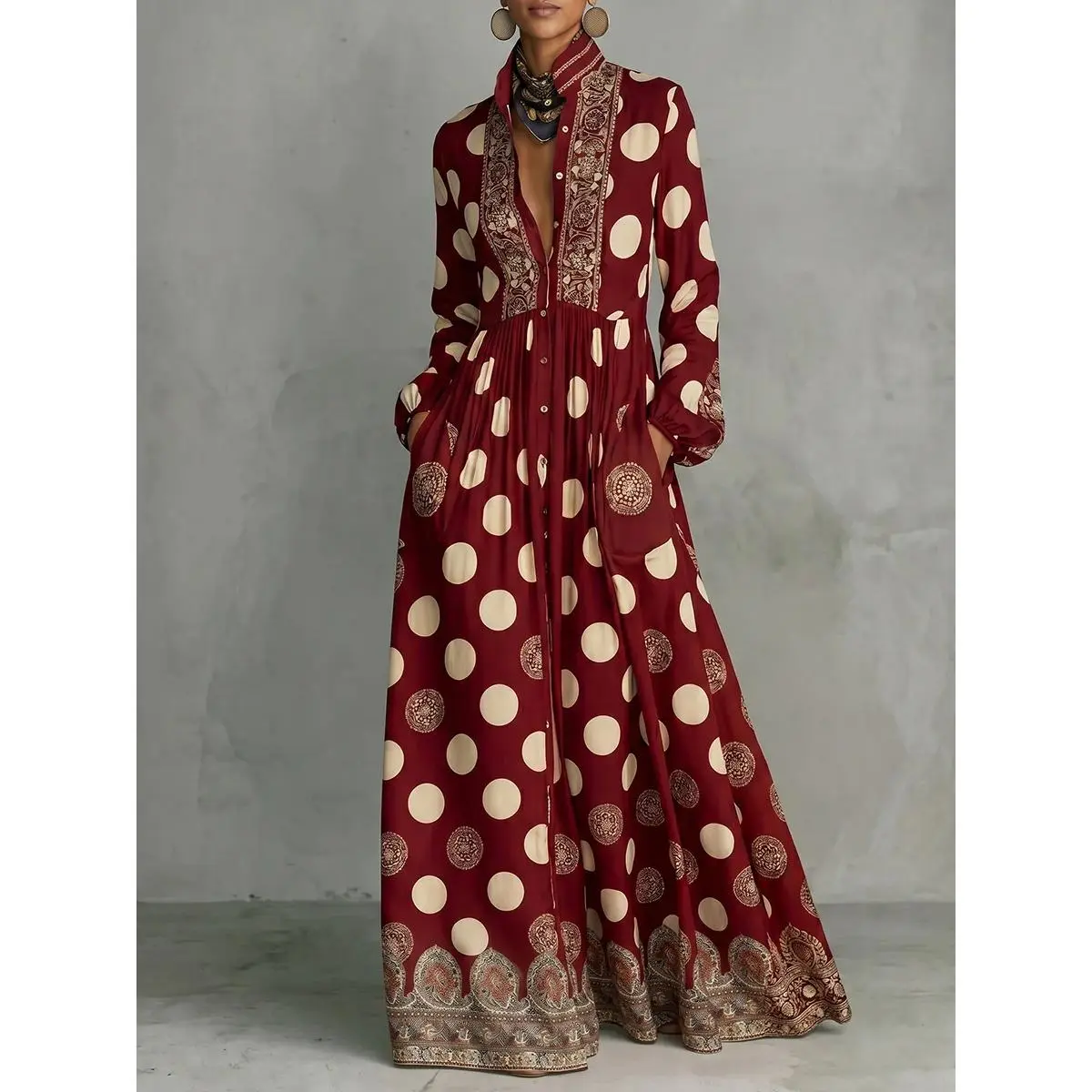 Bohemian Polka Dot Maxi Dress Women Stand Collar Long Sleeve Front Split Floor Length Flowy Gown Side Pocket Ethnic Printed Hem Holiday Resort Travel Casual Long Shirt Dress (Ladies with C - Cup and Above Need To Order One Size Up)