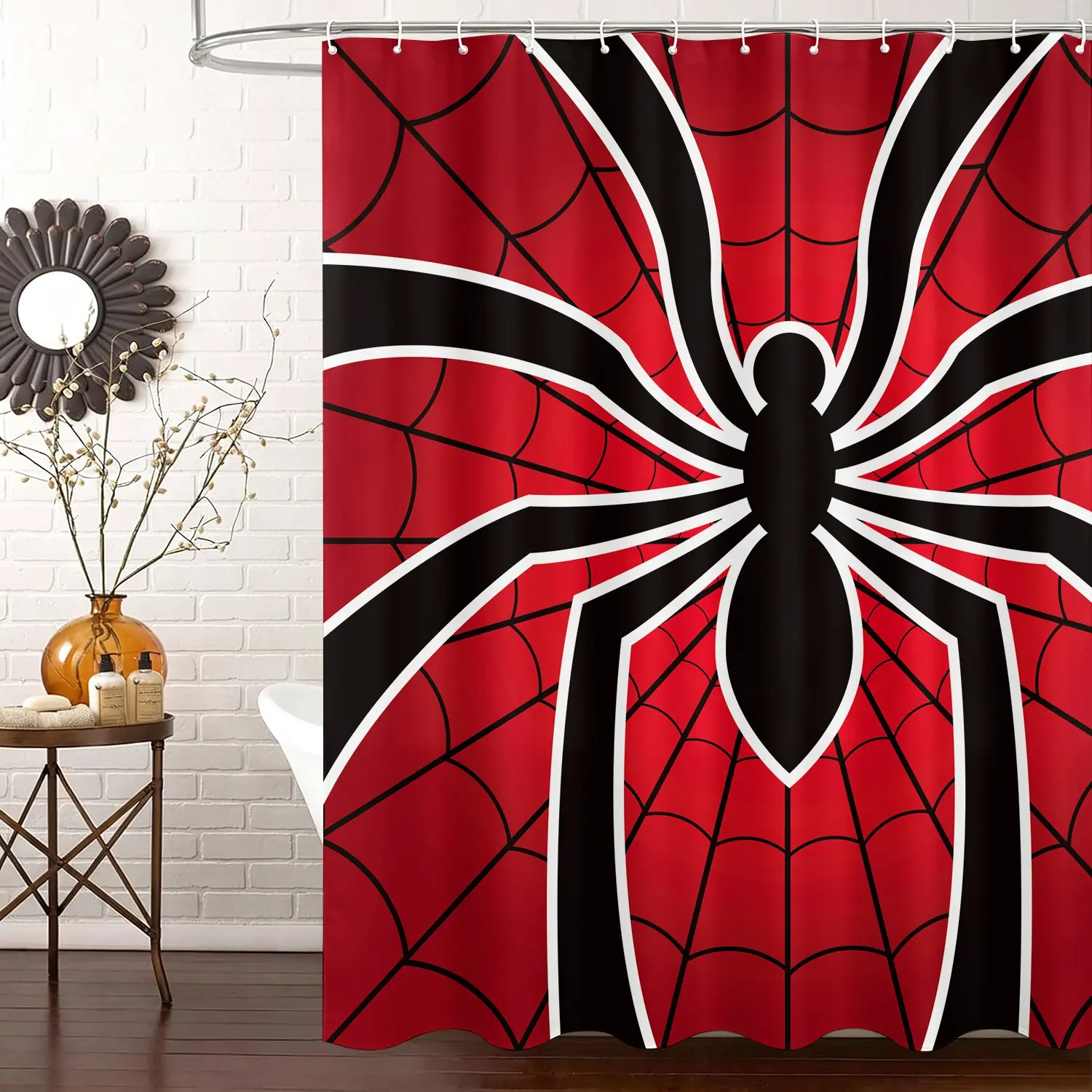 Cool Red Spider Web Shower Curtain Set, Waterproof Cloth Fabric Bathtub Curtain 72"x72" with 12 Hooks, Bold Graphic Pattern, Boys Kids Bathroom Decor Accessories for Household Decoration