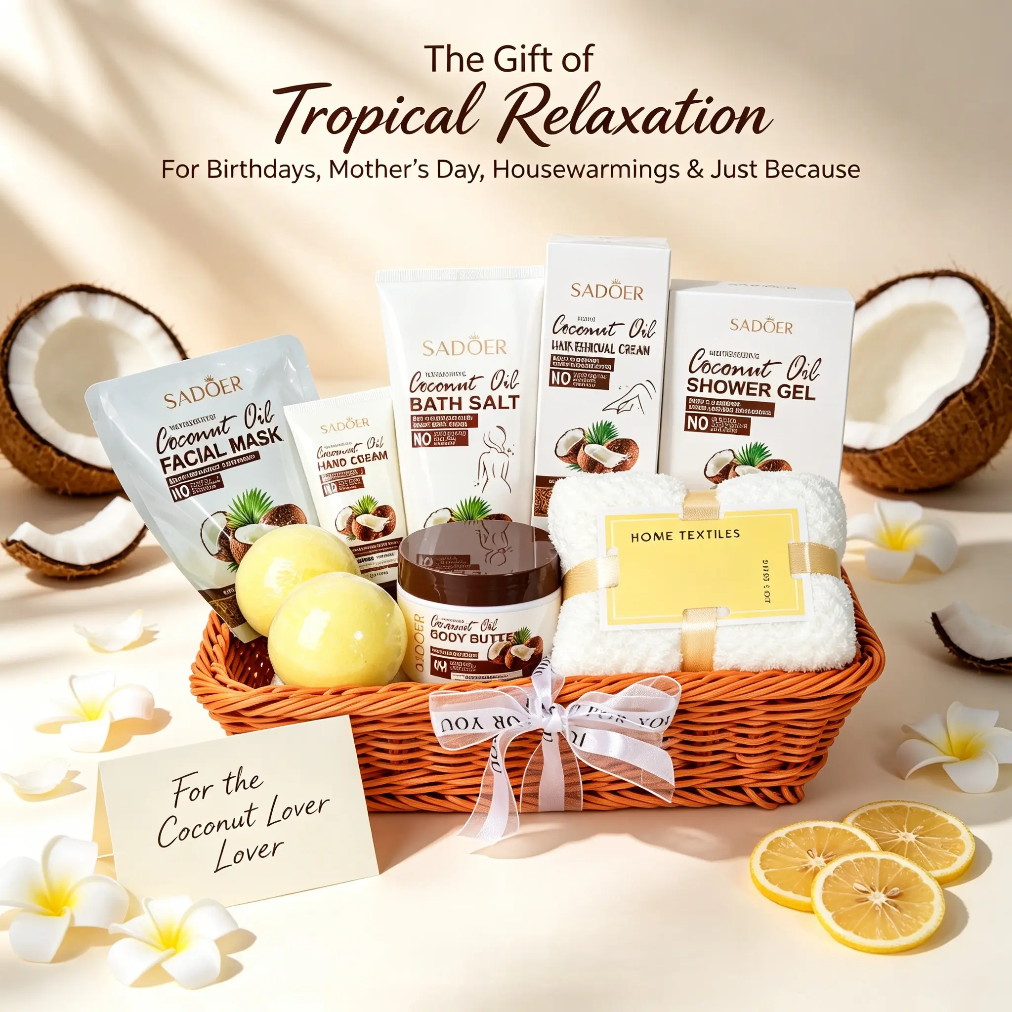 10pcs Tropical Coconut Bath Gift Set, Luxury Spa Pamper Basket, Relaxing Moisturizing Self Care Kit, Birthday Housewarming Gift Basket, Body Care Pack