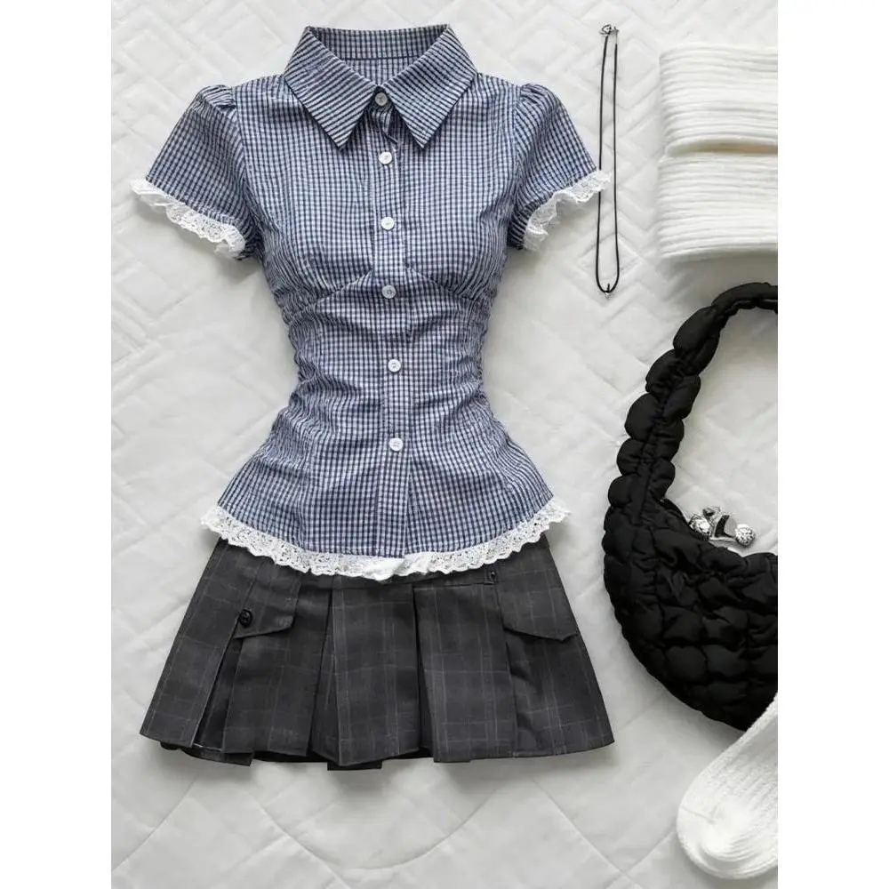 Retro Sweet Two Piece Set Women Plaid Short Sleeve Shirt High Waist Pleated Skirt Y2K Harajuku Hot Girl Summer