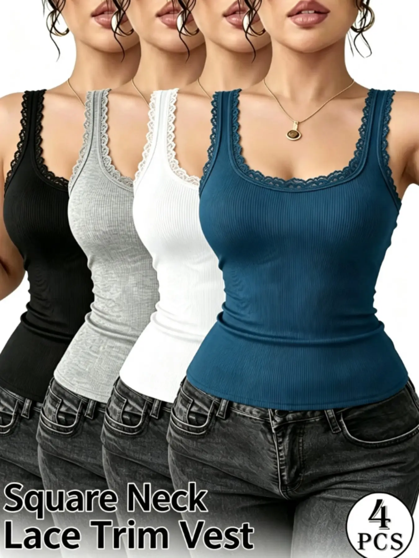4 Pack Women’s Lace Trim Cami Tank Tops Camisole with Ribbed Slim Fit Design and Solid Pattern, Cute Summer to Fall Transitional Basic Everyday Sleeveless Shirts for Women