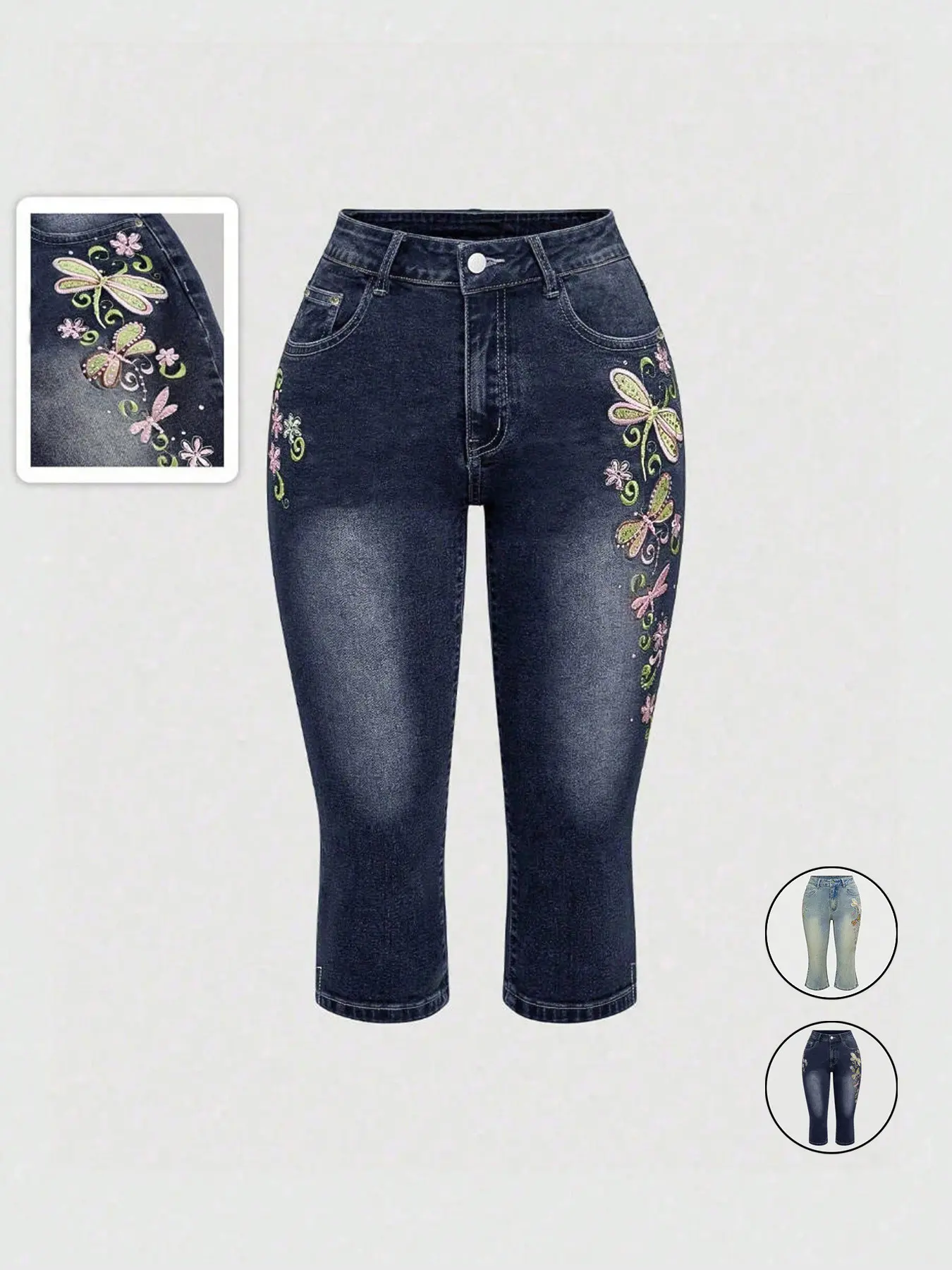 Women's Casual Retro Dragonfly Embroidery Capri Denim Pants, Y2K Stretch Jeans, Comfortable and Stylish, Perfect for Daily Wear, Trendy and Versatile