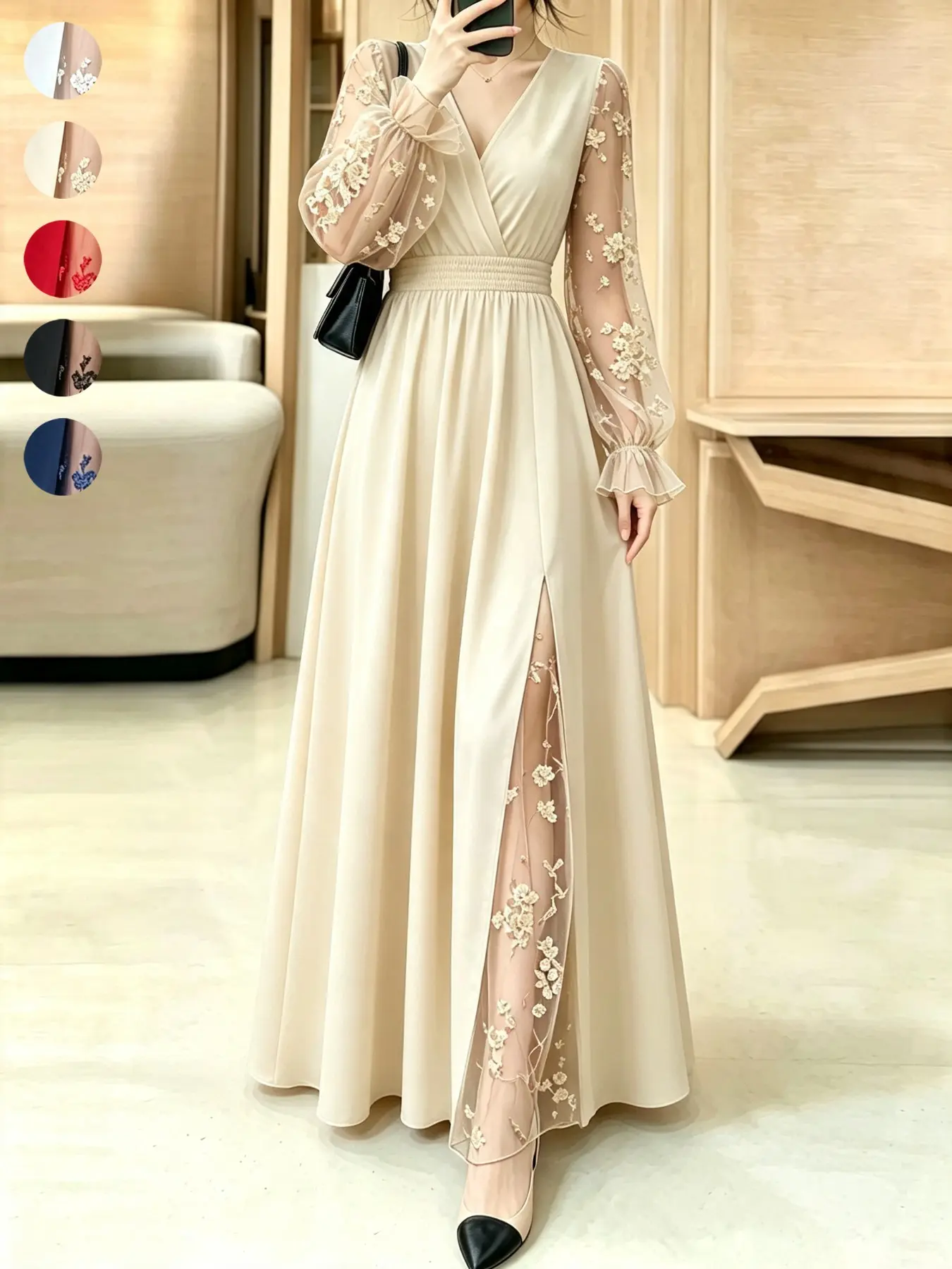 Luxurious Long Dress, Base with Lace Embroidery, V-Neck Waist Cinch, Back Tie Detail, Flowing Skirt, Elegant and Chic