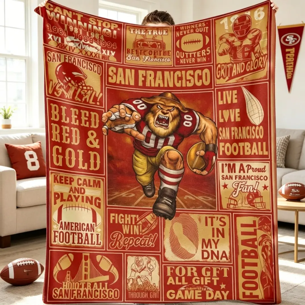 San Francisco Football Flannel Blanket, Soft Fleece Throw Blanket for Adults & Kids, Cozy Warm All Season Couch Sofa Bed Cover, Game Day Sports Fan Room Decor, Holiday Gift