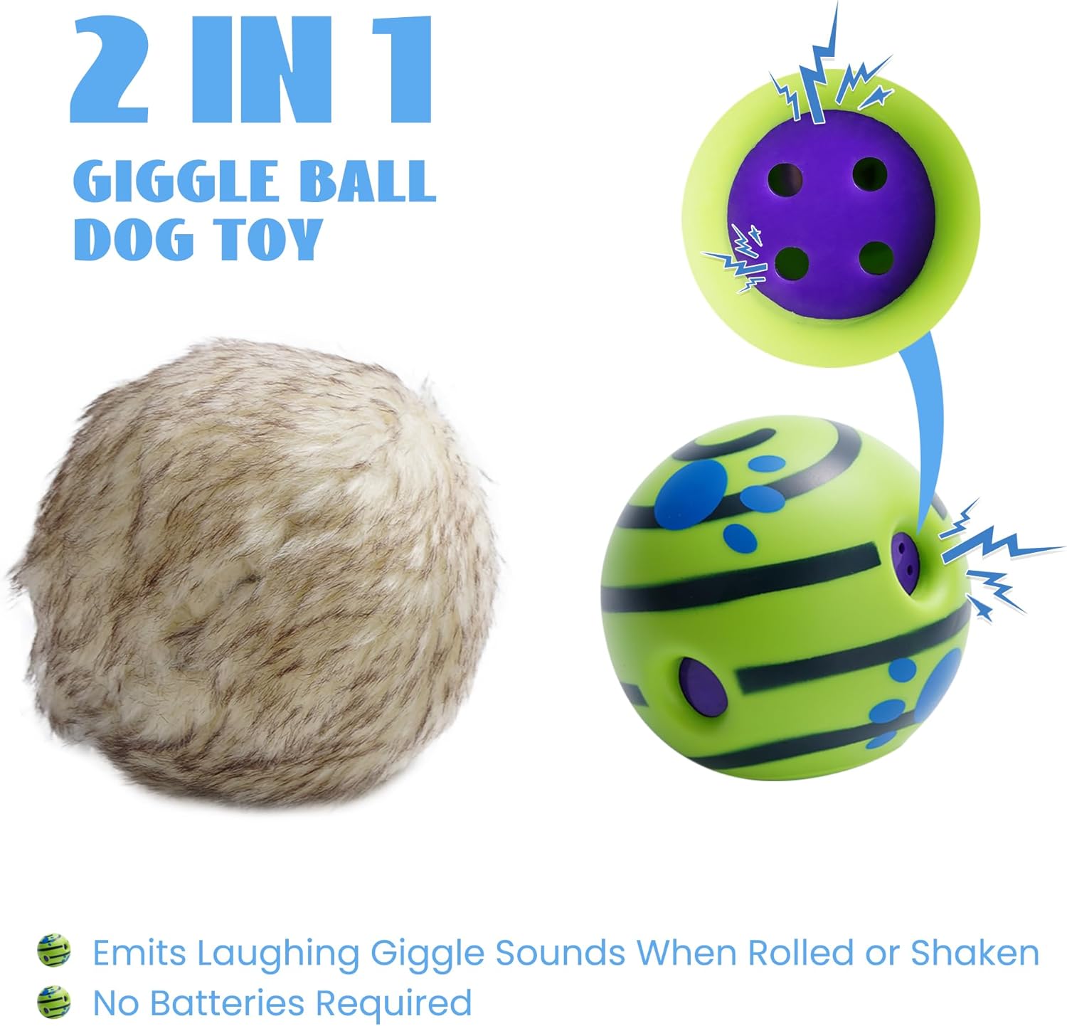 Wobble Giggle Ball Dog Toy with Fuzzy Fur, Funny Giggle Sounds When Rolled & Shaken, Battery-free for Endless Chasing Fun, Interactive Dog Toy to Keep Them Busy, Pet Toy for All Breeds Sizes