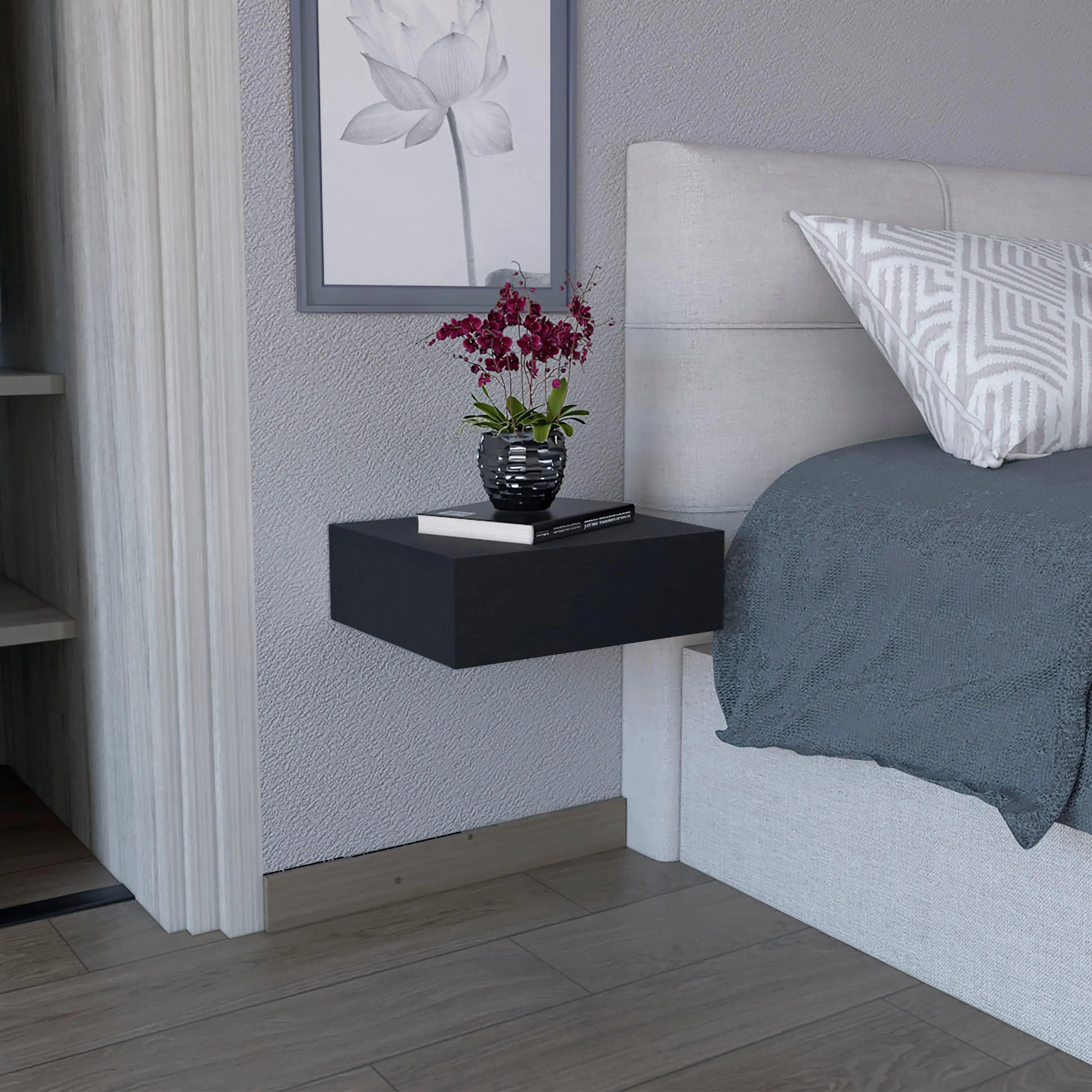 Floating Nightstand Wall-Mounted Bedside Table with Drawer, Modern Black Particle Board, 15.7"W x 13.4"D Top, Space-Saving Bedroom Storage