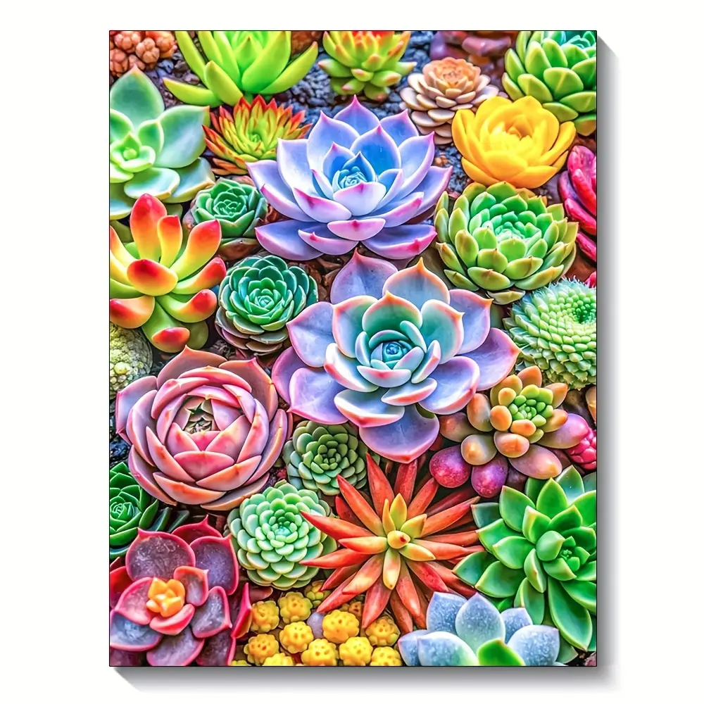 5D Full Drill Acrylic Diamond Painting Kit, Colorful Succulent Botany Cluster Art, DIY Craft with Sparkling Rhinestones, Canvas & Tools, Cottagecore Home Wall Decor for Plant Lovers