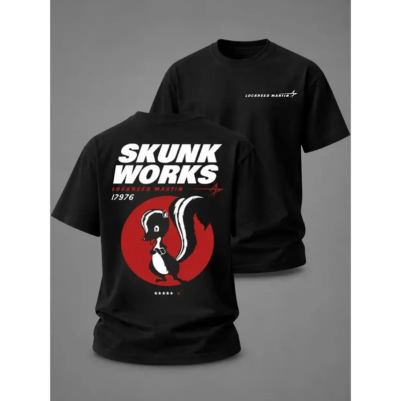 Men's Short-Sleeve Round Neck Lockheed Martin Skunk Works T-Shirt, Retro Print Aviation Theme Graphic Tee, Aerospace Enthusiast Tactical Casual Menswear Gift