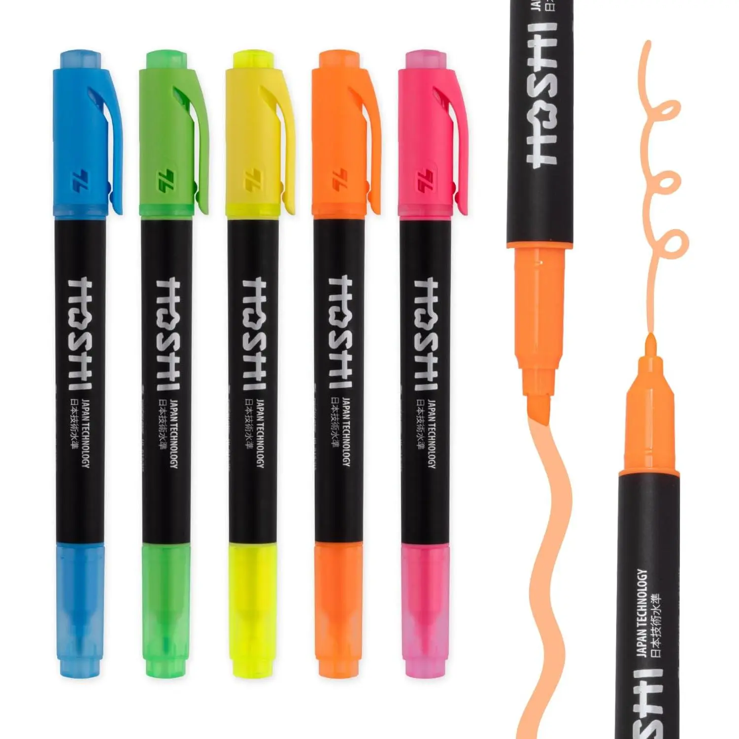 Hoshi 5 count  Fluorescent  Tip Highlighters,  Aesthetic Colors Highlighter Set, High Ink Capacity, No Bleed, Quick Dry for Arts, Craft Projects