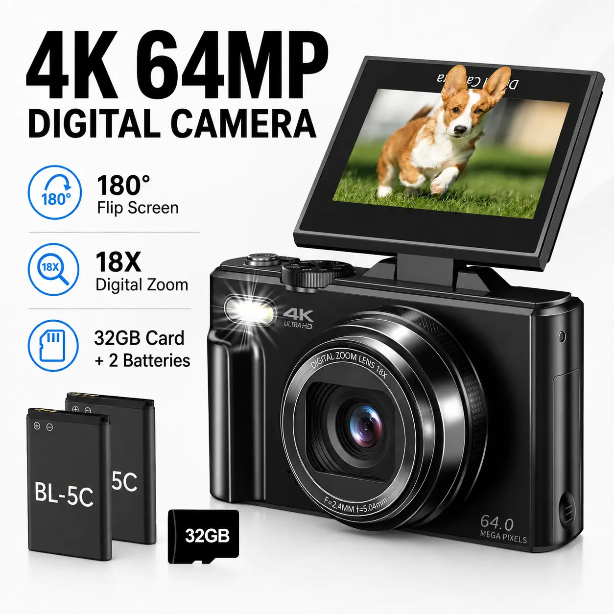4K Digital Camera for Photography & Vlogging with 64MP Photos, 3-Inch 180 °   Flip Screen, 18X Digital Zoom, 32GB Micro SD Card and 2 Rechargeable Batteries, Compact Travel Camera for Beginners, Family Moments and Gift Giving