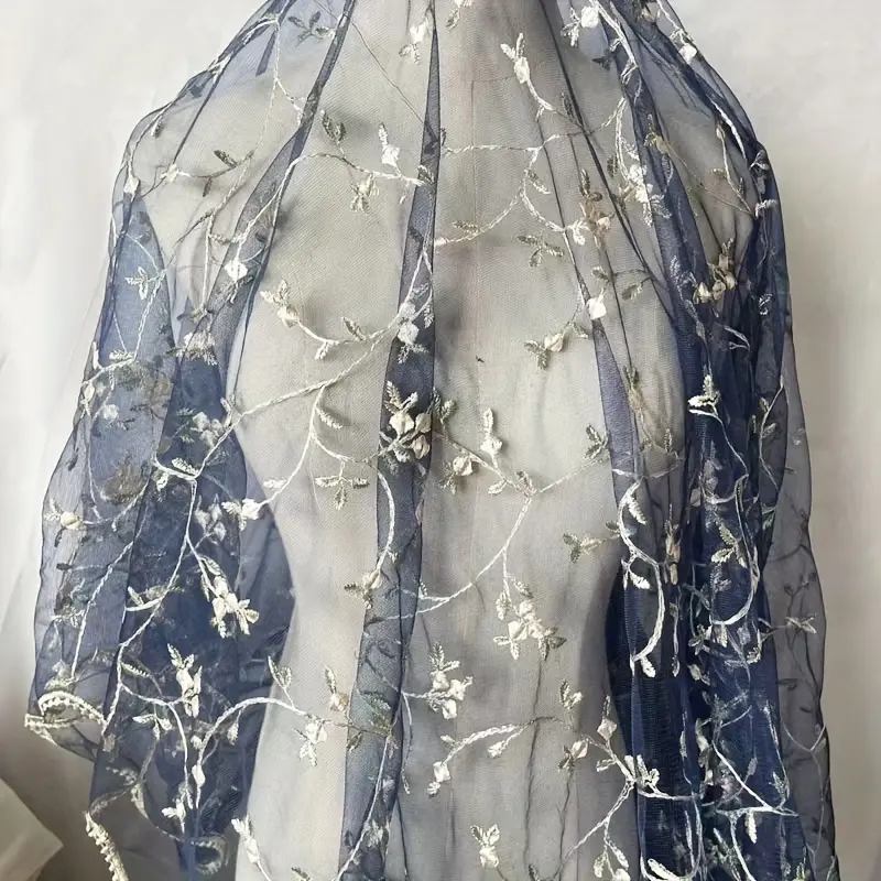 Royal Blue Floral Embroidered Tulle Fabric, sheer mesh for wedding dresses, DIY crafts, and curtains