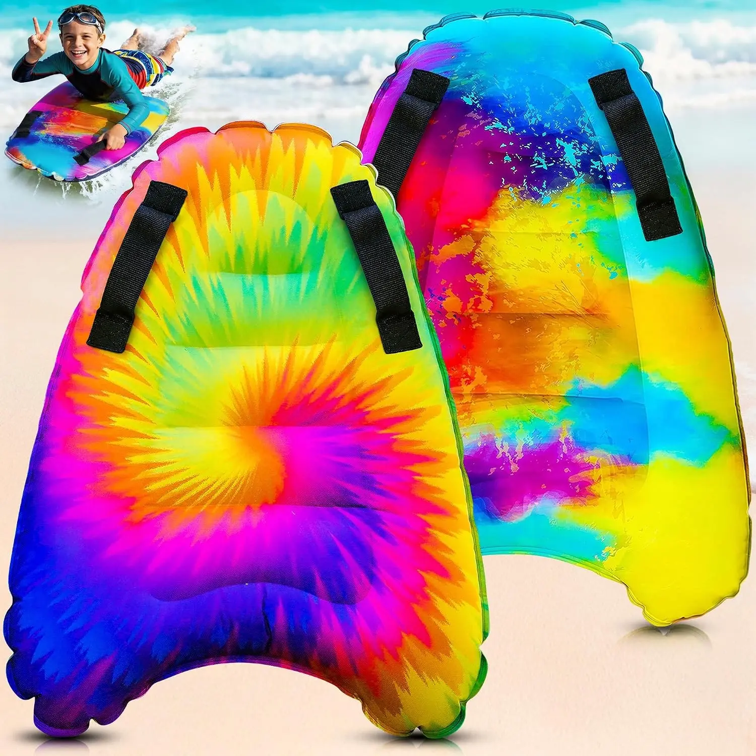 2 Pack Inflatable Surf Body Boards with Handles for Water Slides, Boogie Boards for Beach, Pool, Lake & Slip Slides, Lightweight Floating Water Toys for Kids & Adults