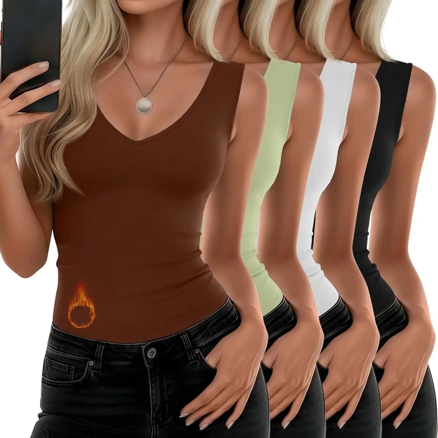 4 Pack Women's Thermal Tank Tops, V Neck Fleece Lined Underwear Top Sleeveless Warm Cami Base Layer Vest