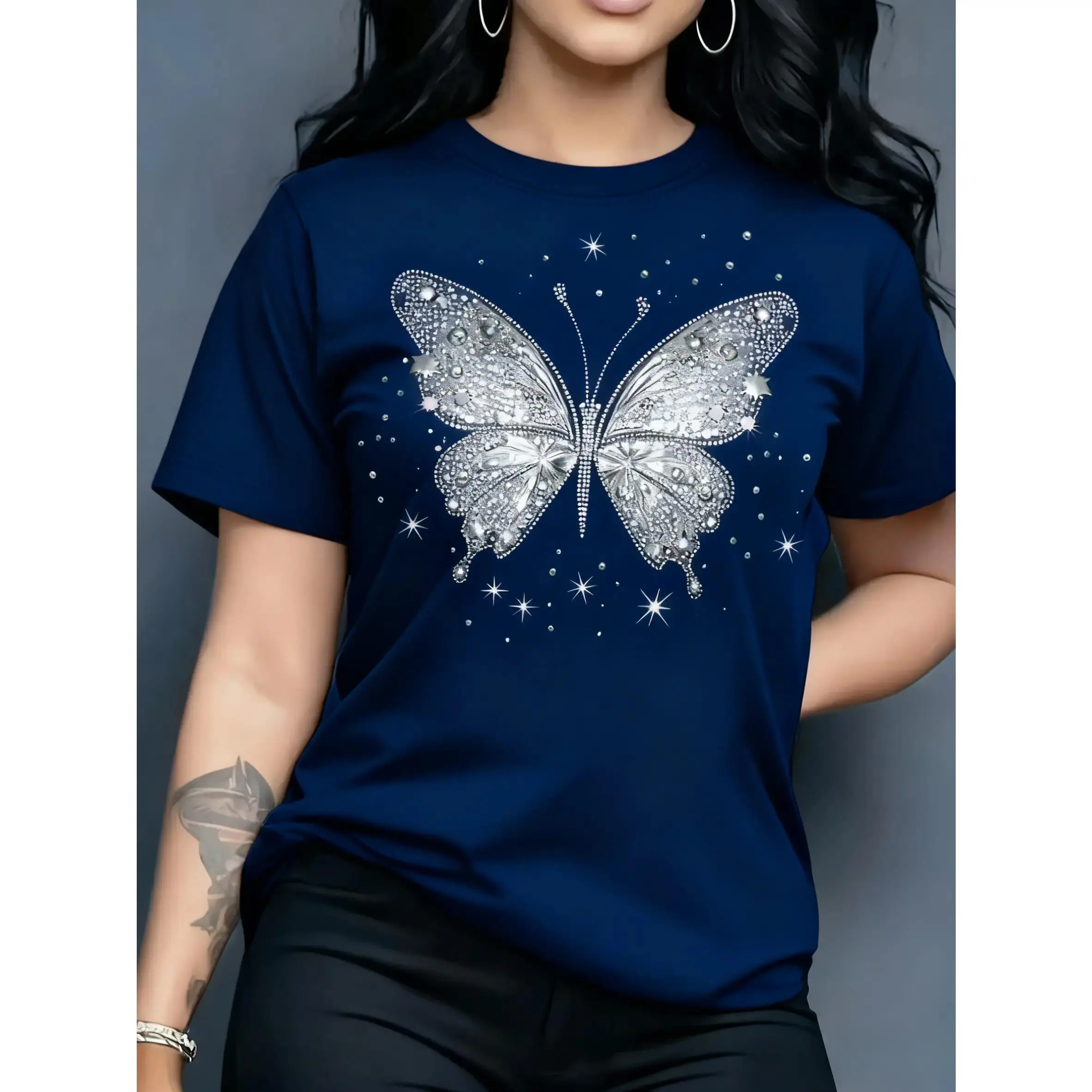 Women's Butterfly All Over Print Smooth Polyester Short-Sleeve Round Neck Fit T-Shirt - Shiny Purple Casual Shirts for Women, Lightweight, Breathable, Machine Washable, Medium Weight, Suitable for Spring,Summer,Unisex Sports Top, T Shirts, Classic