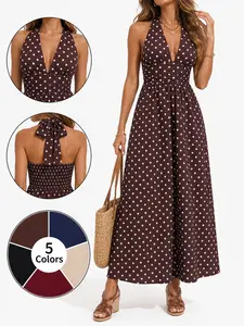 2026 New Sexy Retro Vacation Style Casual Halter Dress, Slim Fit Deep V Neck Strappy Polka Dot Dress, Fashionable Evening Wear
