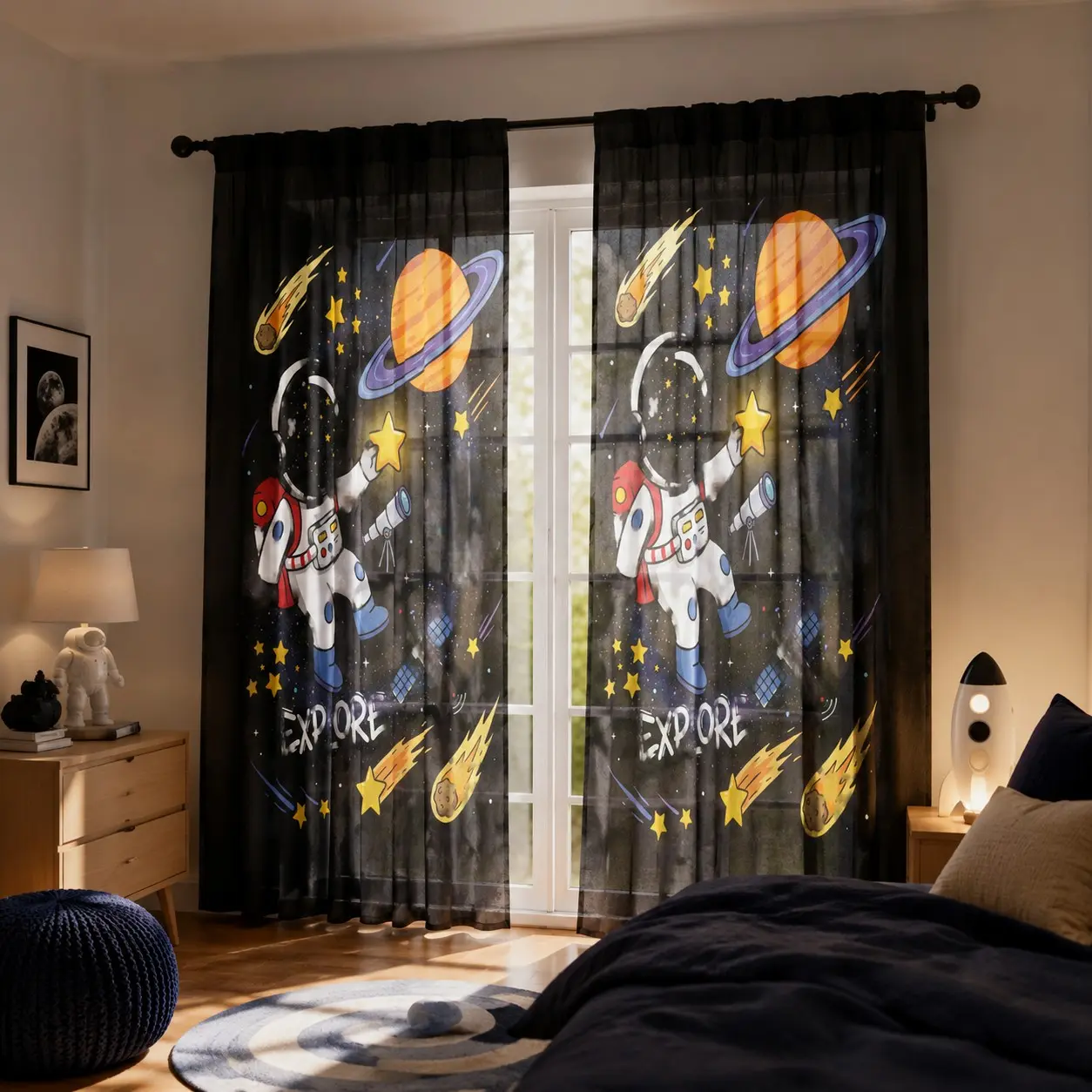 Space Astronaut Semi-Transparent Curtains, Cartoon Astronaut Saturn Planet Comet Star Print, Kids Bedroom Decor