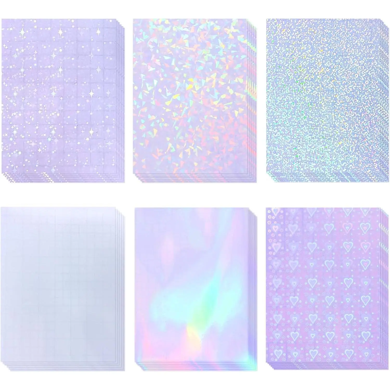 36 Sheets 8.5x11 inch Transparent Holographic Laminate Sheets Self Adhesive Waterproof Clear Vinyl Overlay with 6 Patterns for Sticker Paper