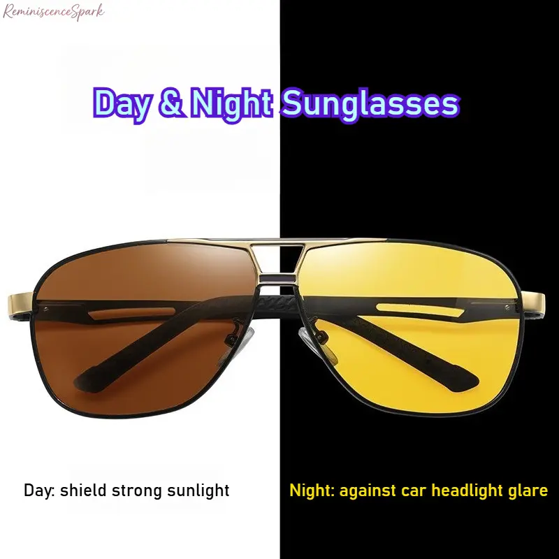 Men's Classic Retro Double Bridge Polarized Metal Sports Eyewear - Lightweight Metal Frame, HD Photochromic TAC UV Protection Lenses, Cost-Effective Anti-Highbeam for Day and Night Driving, Hiking/Light Outdoor, Men’s Daily Wear