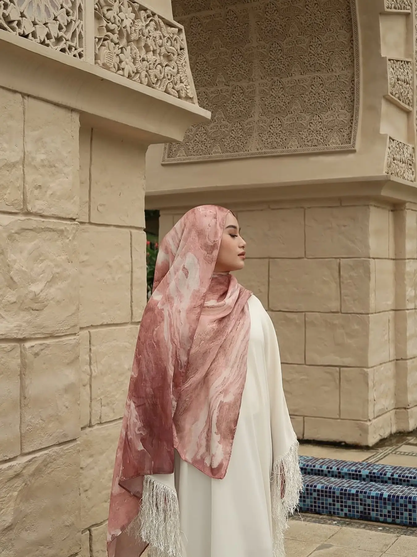Warm Gradient Marble Print Hijab, Soft Wash Headscarf, Matching Abaya Long Scarf, Elegant Islamic Fashion Accessory For Muslim