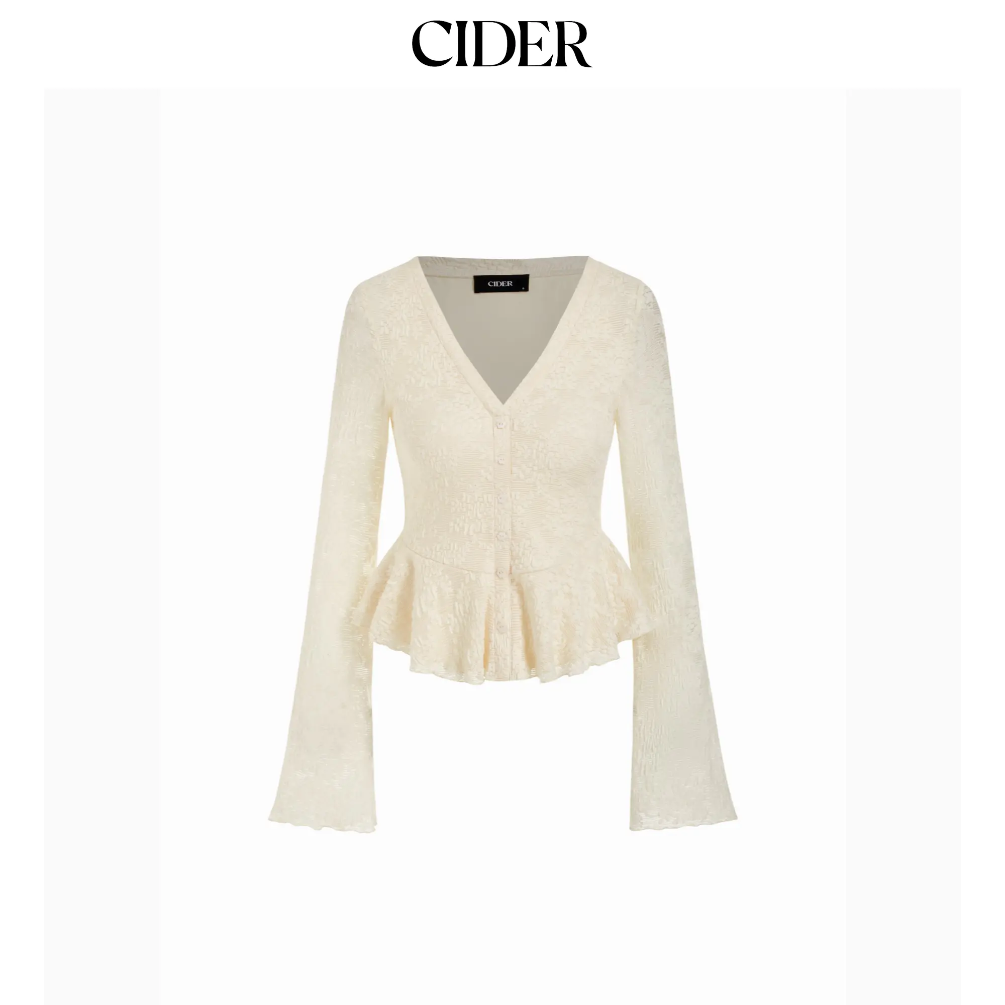 Cider Lace V-Neck Bell Sleeve Ruffle Hem Blouse SohoChic
