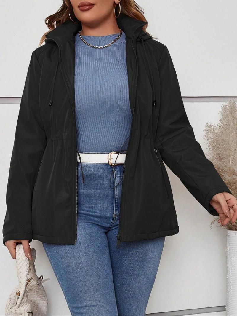 Women's Plus Size Cotton Jacket, Hooded Spring Fall Coat, Waist Drawstring Pocket Casual Outerwear, Warm Winter Thin Cotton Vest