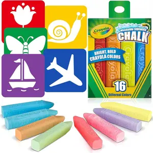 16 Count Sidewalk Chalk for Kids with 5 Stencils, Non Toxic Washable Anti-Roll Square Colored Chalk Bulk Gifting Bundle for Outdoor Kids Play