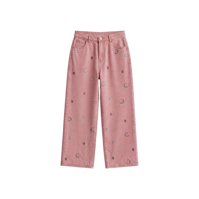 2026 Women's Pink High Waisted Wide Leg Jeans with Rhinestone Moon & Stars, Sparkly Embellished Loose Baggy Denim Pants, Y2K Aesthetic Soft Girl Style