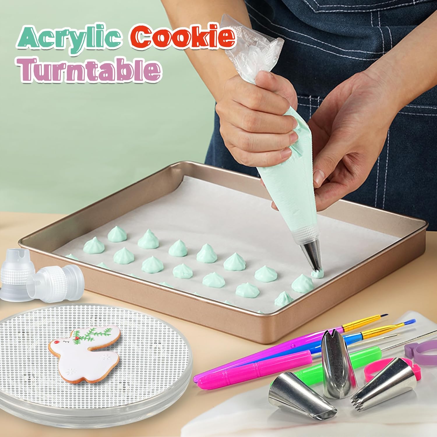 56 count Cookie Decorating Kit Supplies Including  Turntable Decoration Brushes Scribe  Piping Bags Icing Tips for Cookie Cupcake Cake Decorations