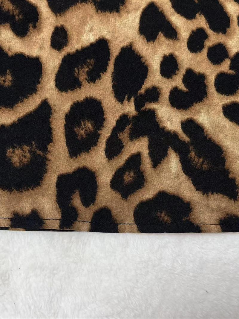 【Plus Size】 Leopard Print Notched Neck Dress, Casual Bishop Sleeve Dress for Spring & Fall, Women's Clothes for Daily Wear