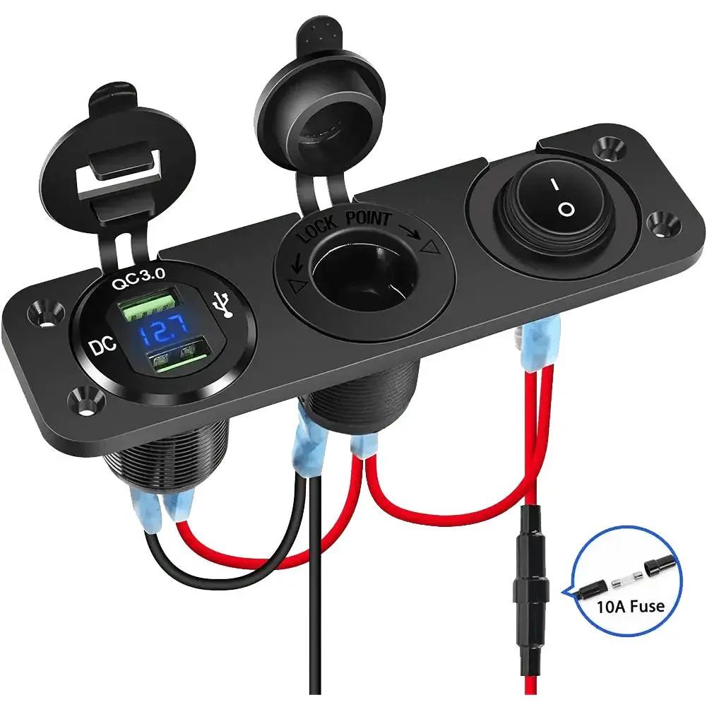 Nilight 4-in-1 ON/OFF Blue Car-Mounted Charger Socket Panel - High Efficiency Fast Charging for 12-24V Cars, Boats, 12-24V DC, Dual QC 3.0 USB Ports, Voltmeter, 10A Built-in Fuse Automotive Accessories