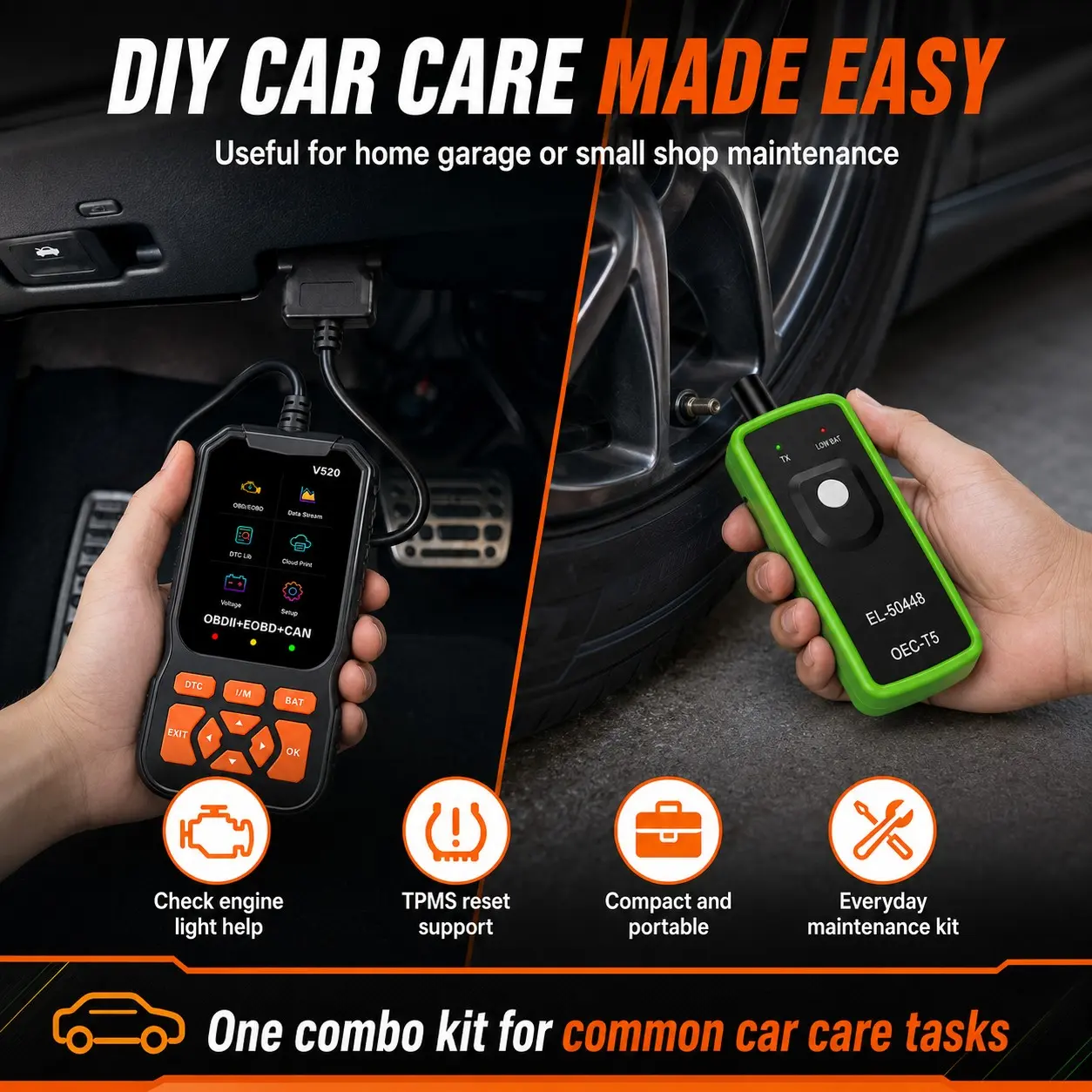 2-In-1 Car Diagnostic Kit, V520 Obd2 Scanner, EL50448 Tpms Reset Tool, Engine Fault Code Reader, Live Data, Dtc Library, Battery Voltage Check
