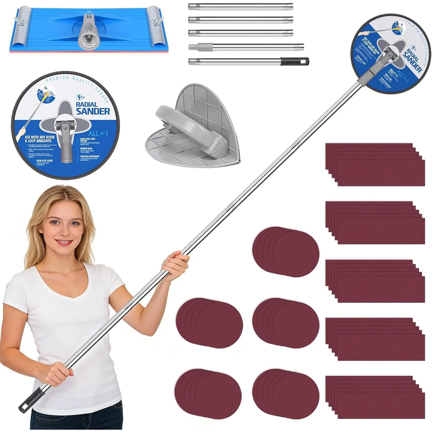 Drywall Pole Sander Kit with Corner Sander, 2 Sanding Heads & 50 Sandpaper | 5- Extension Pole (12–52 in), Ideal for Wall Sanding,  Prep, Popcorn Ceiling Removal, and  Renovation