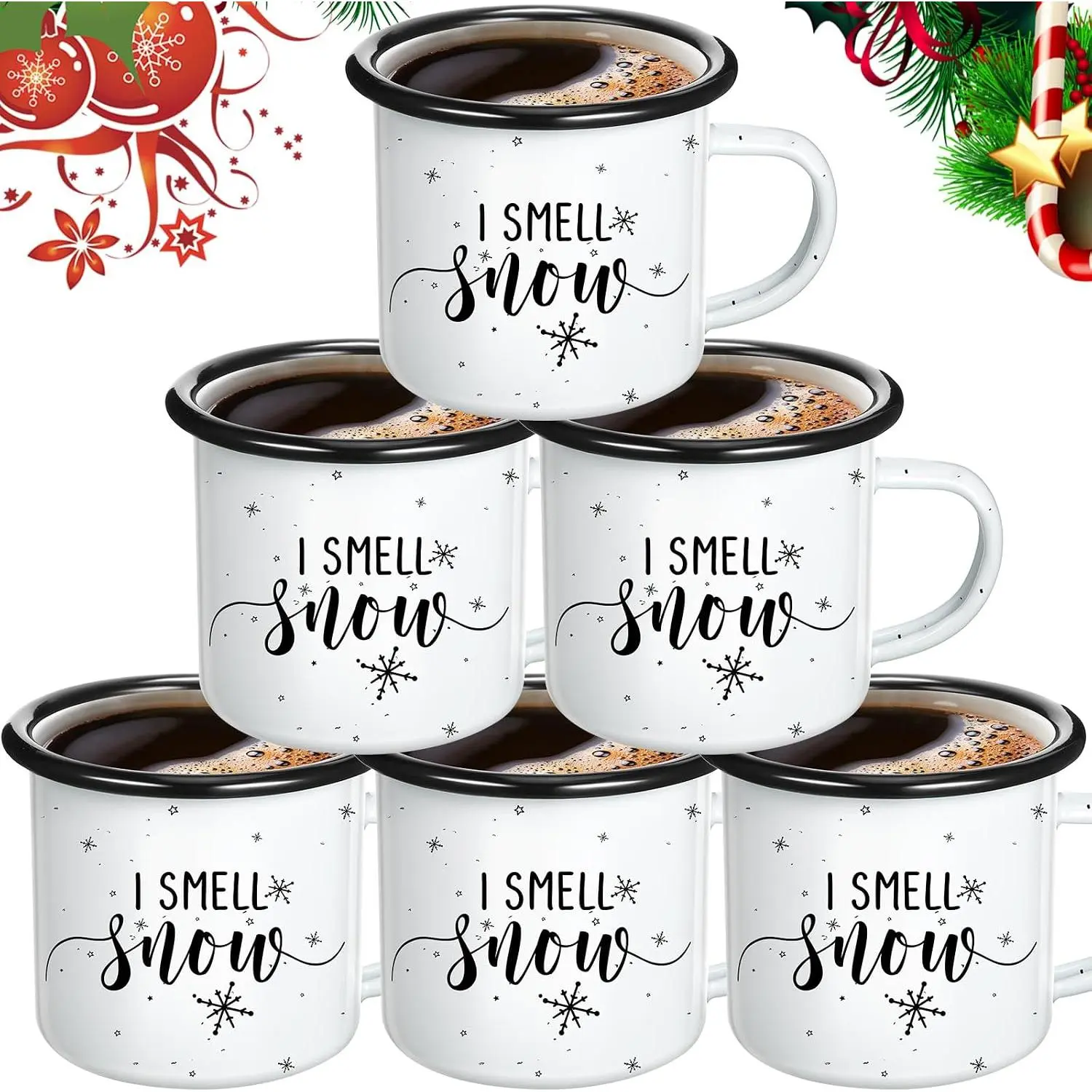 6 count I Smell Snow Enamel Mugs for Christmas, Winter Snowflakes Camping Coffee Mug, Xmas Hot  With Handle for Family  Wife Holiday Gifts