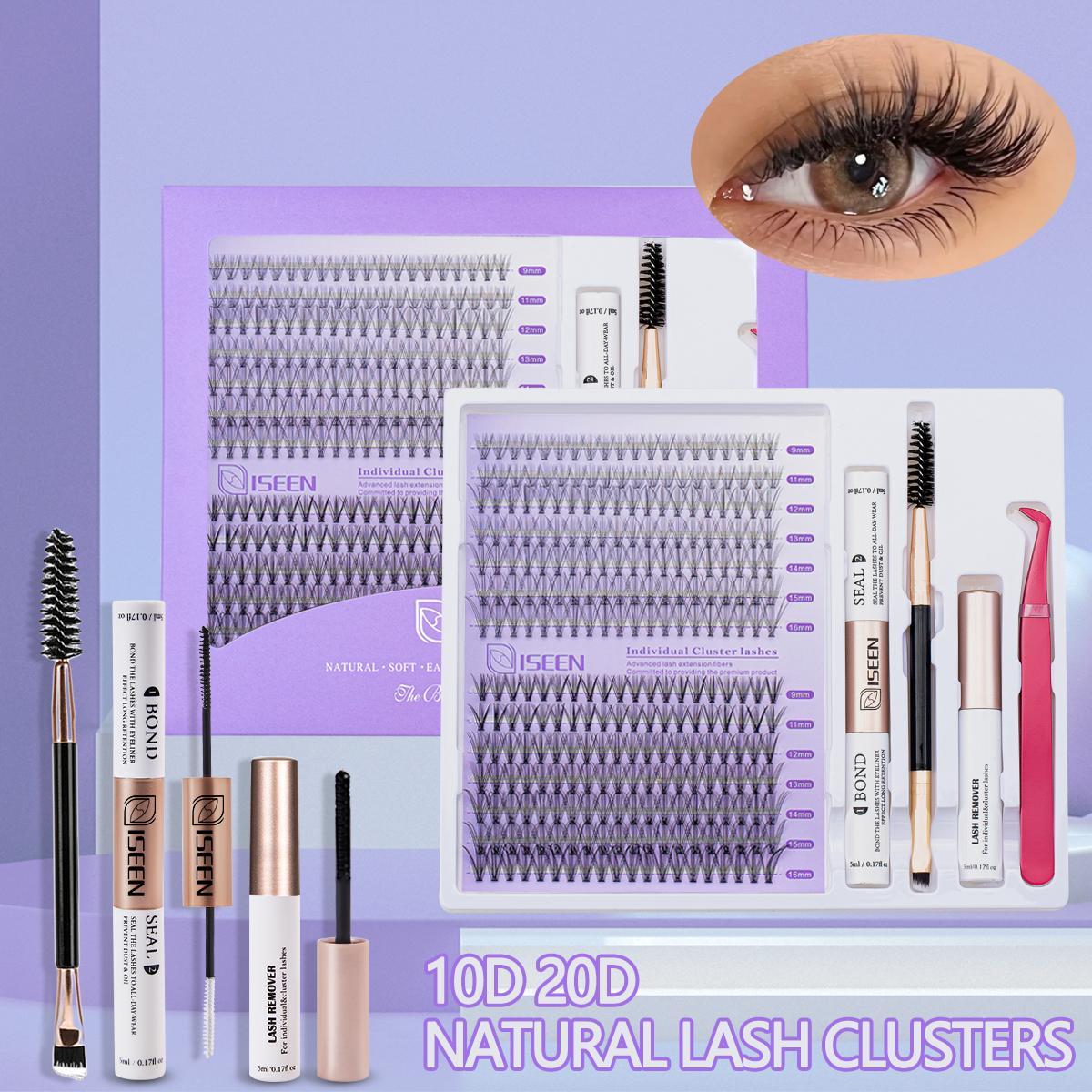 False Eyelashes Kit, 1 Set D Curl Eyelash Clusters, Fluffy Eyelash Clusters with Eyelash Glue, Remover, Brush & Tweezers, Eyelash Extension Kit for Women & Girls