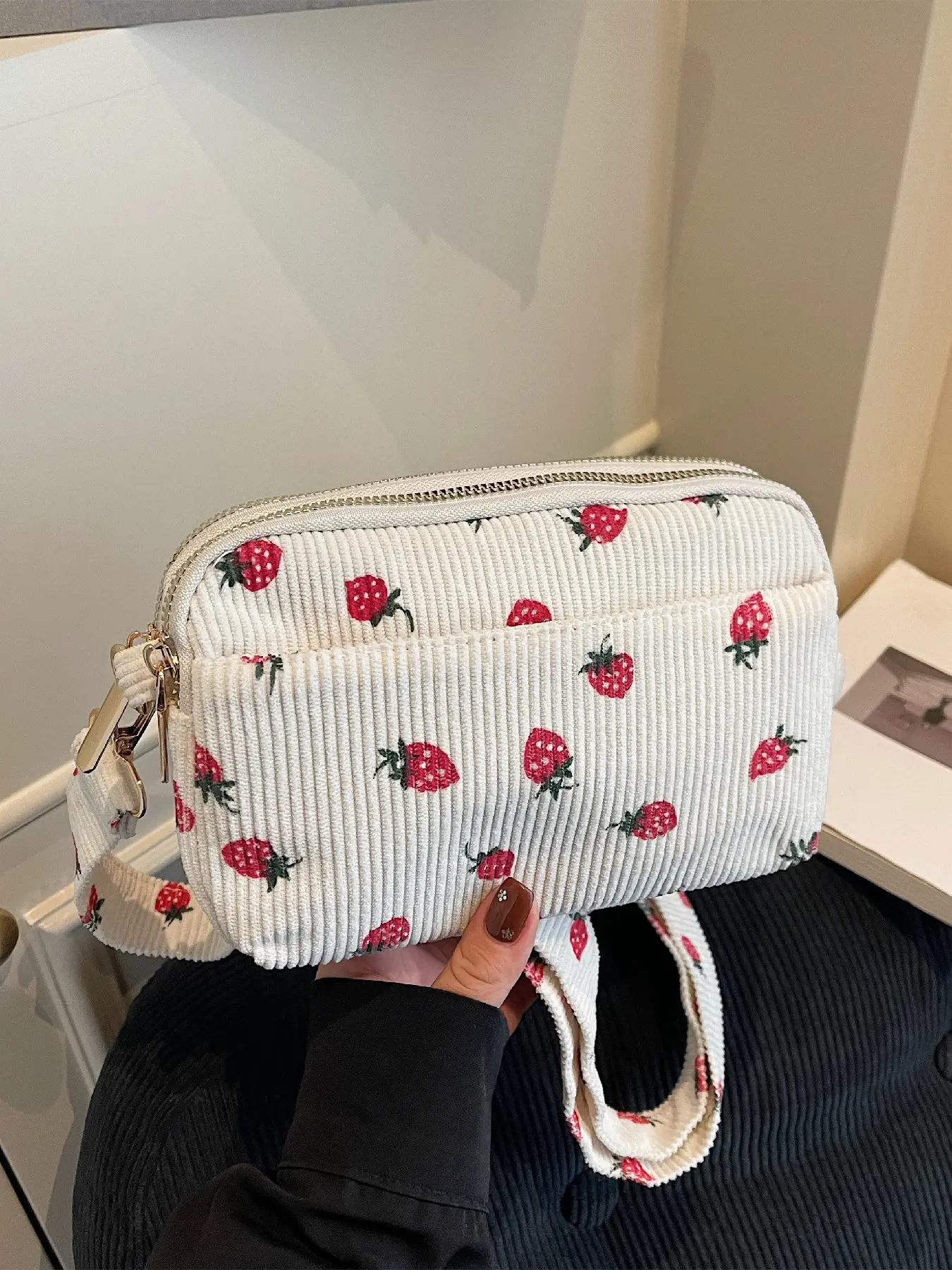 Women Strawberry Print Corduroy Crossbody Bag, Cute Small Rectangle Shoulder Purse with Wide Adjustable Strap, Casual Daily Mini Messenger Bag, Multiple Colors Available