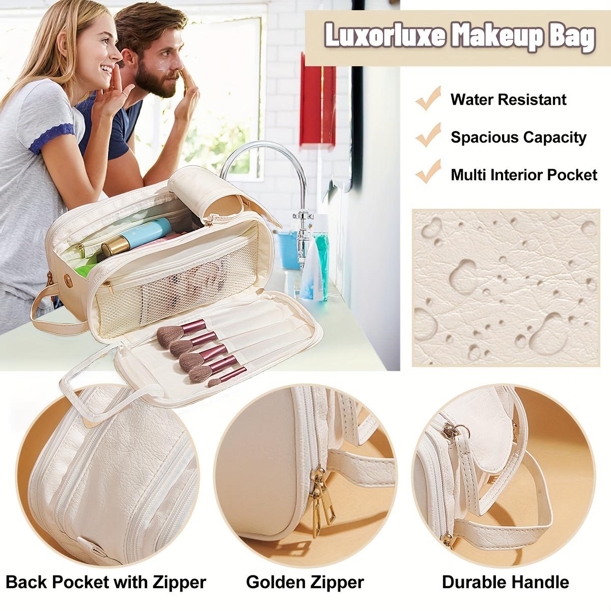 Women's Large Capacity High-Quality Makeup Bag - Pink  Travel Makeup Organizer, with faux leather lining, multiple zippered pockets and wrist strap, suitable for storing brushes, toiletries, jewelry, and toiletries|Organized toiletry bag|Practical