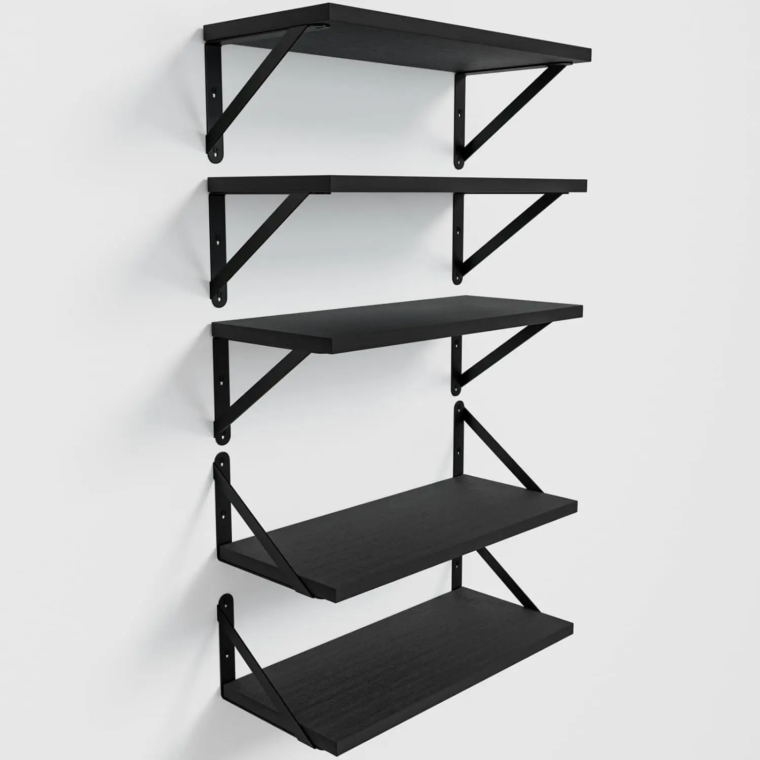 Wall Shelves 7.3" Deep Solid Paulownia Wood (Black, Set of 5) | 15mm Thick, Wider & Longer & Stronger, Easy to Install, Floating Shelf for Room Wall, Bathroom Bedroom Office Organizer