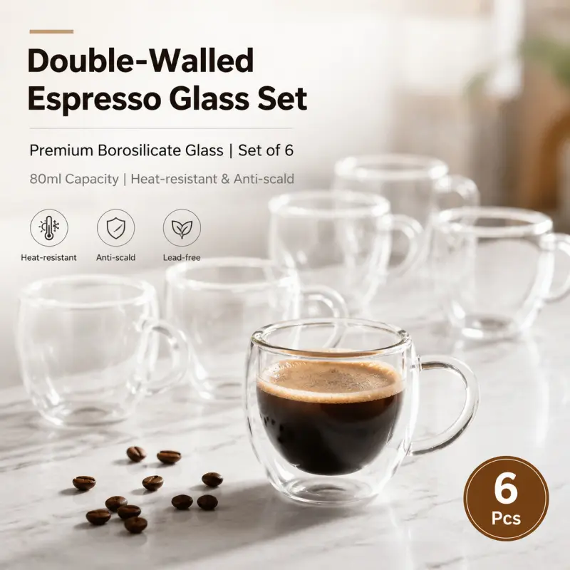 Double-Wall Espresso Cup Set (6 Pieces), Drinking Cups, Insulated Non-Burn Handle, Enjoy Rich Coffee Flavor, Perfect for Daily Use